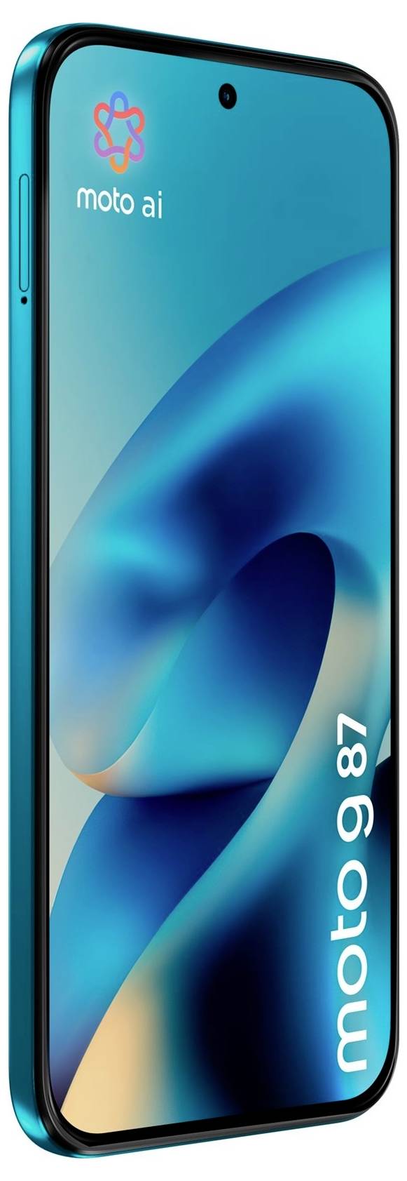 Motorola Moto AI Smartphone auf einem blauen Bildschirm in einem grünem Telefongehäuse, angewinkelte Vorderansicht mit „moto ai