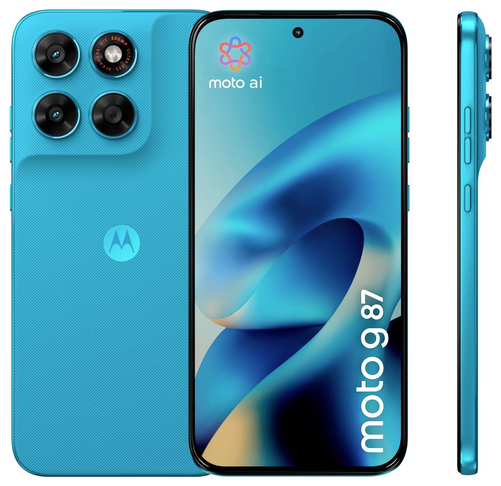 Motorola Moto AI Smartphone von vorne und hinten in Dunkelblau dargestellt, wobei das Quad-Kamera-Hintermodul und der Bildschirm mit 