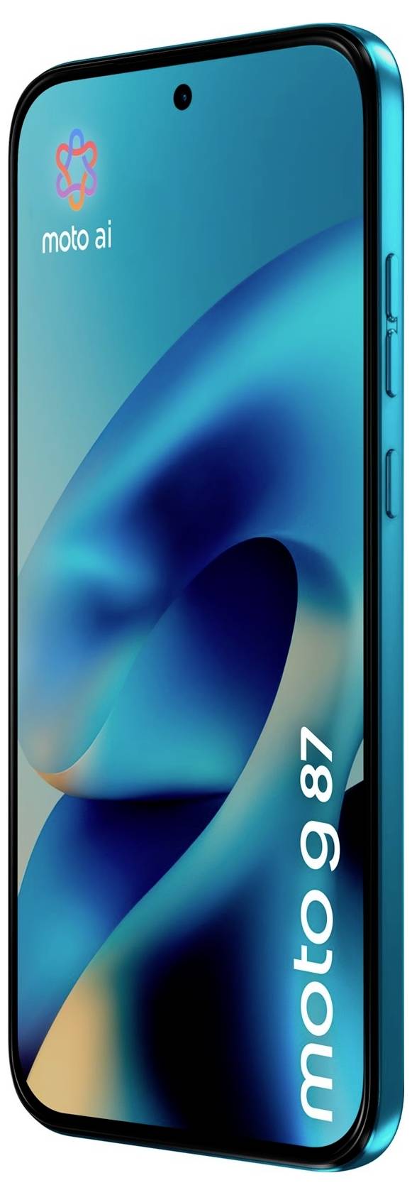 Ein Moto AI Smartphone, unter einem Winkel gezeigt, mit blauem abstraktem Hintergrund und dem Text „moto g 87