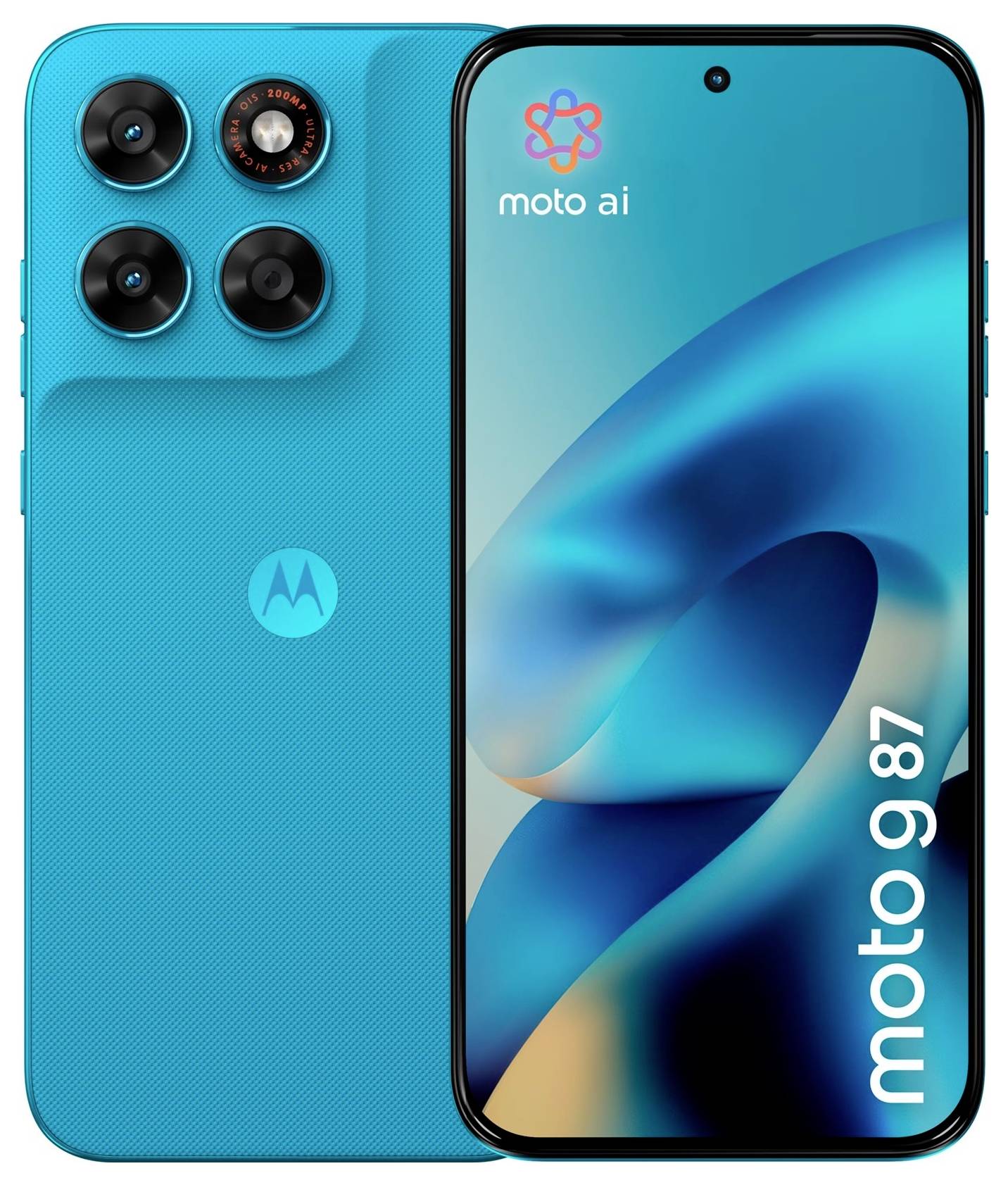 Motorola Moto G87 Smartphone in Türkis von vorne und hinten gezeigt, mit dreifacher Hintergrundkamera und „moto ai