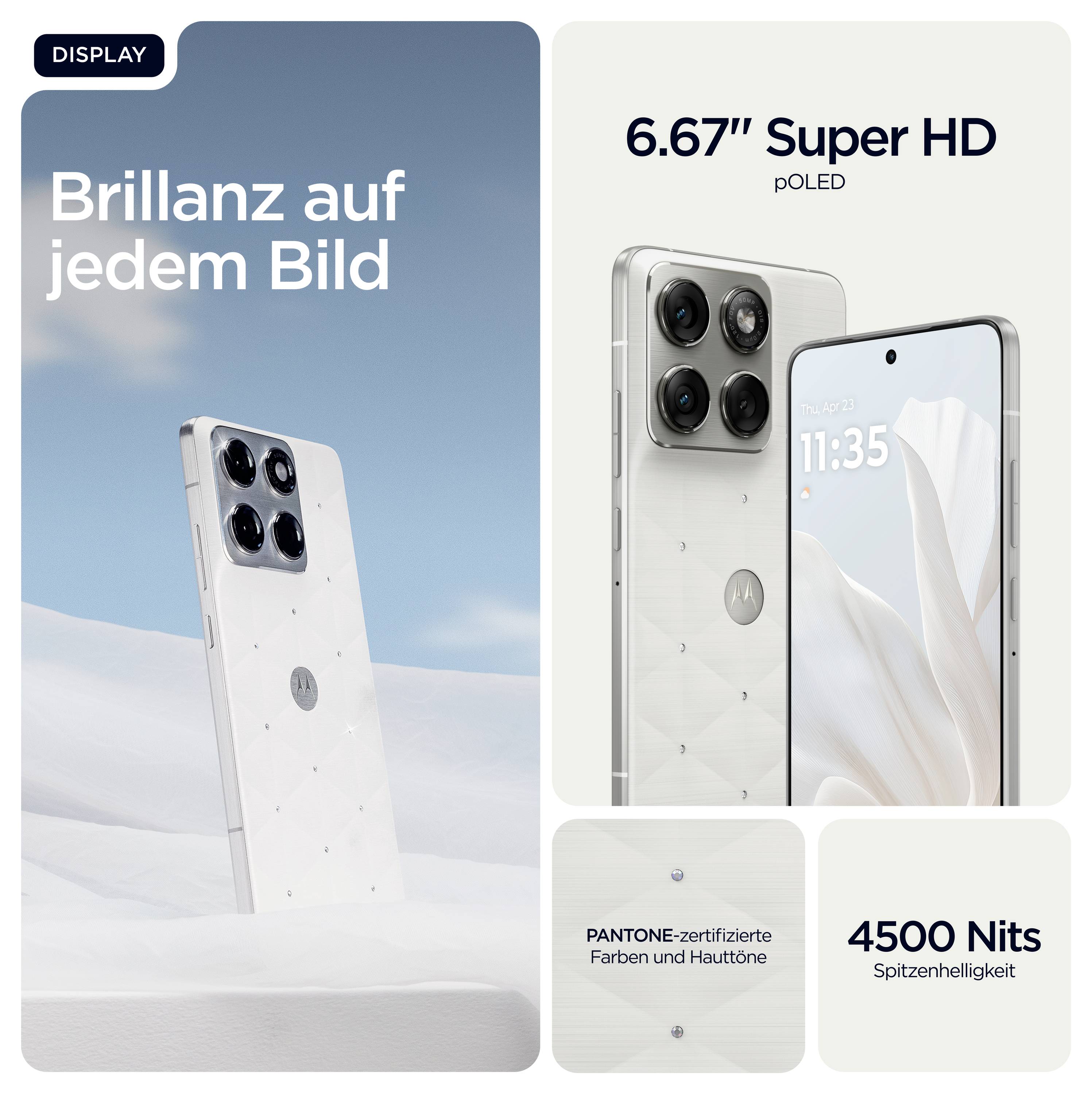 Smartphone-Anzeige auf dem Display, die ein weißes Telefon zeigt, mit dem Text „Brillanz auf jedem Bild