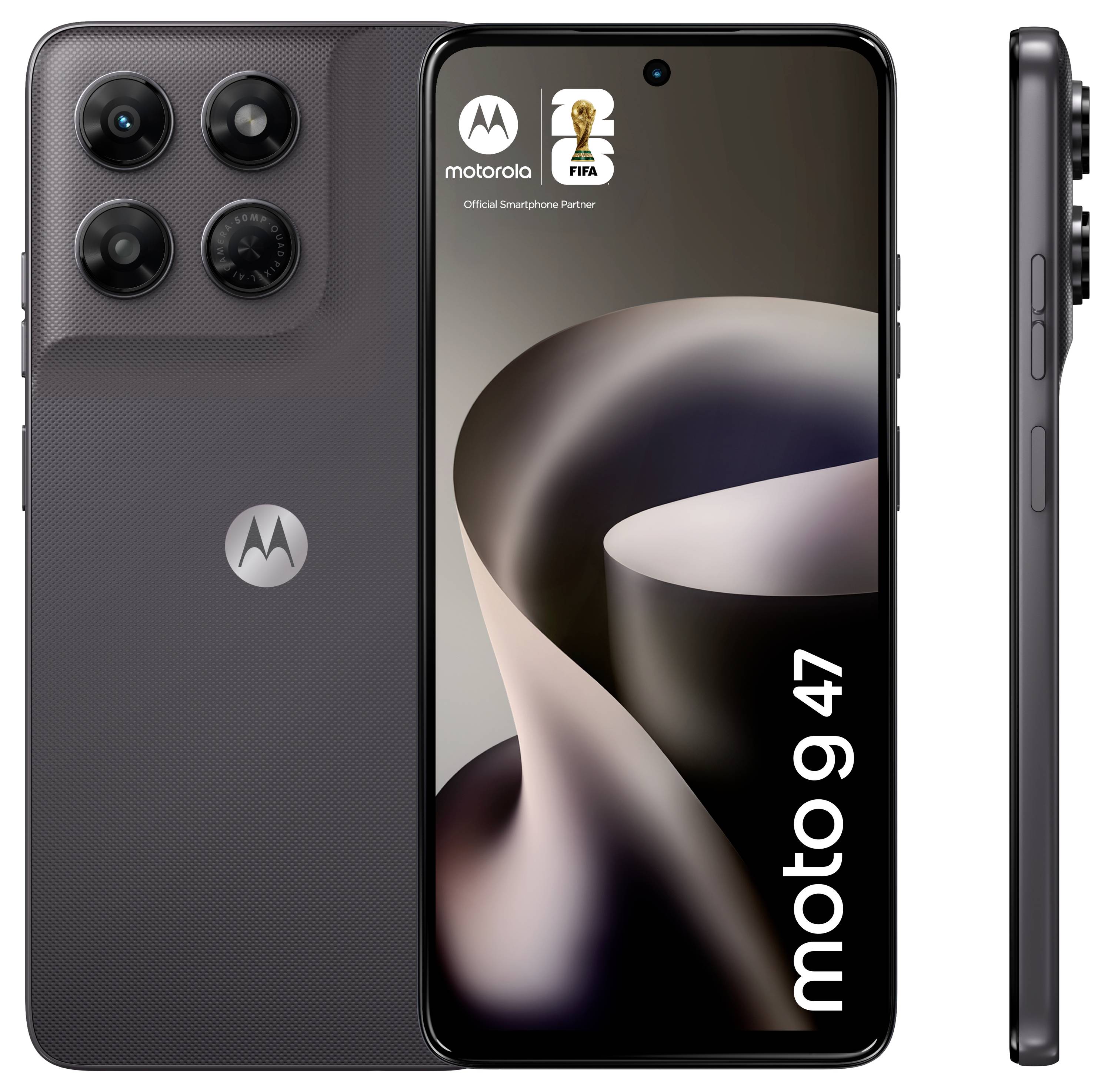 Motorola-Smartphone von vorne, hinten und seitig in dunkelgrau gezeigt, mit dreifacher Rückfahrtkamera und 