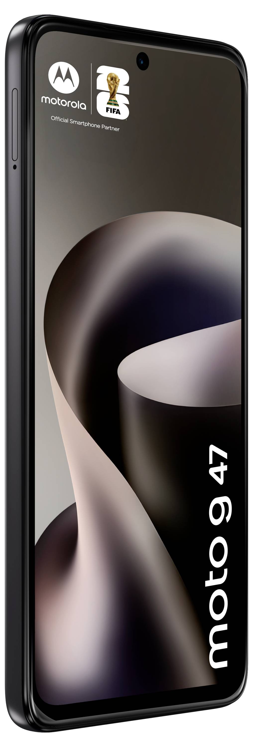 Motorola Moto G47 Smartphone im Winkel gezeigt mit dunklem abstraktem Hintergrundbild und 