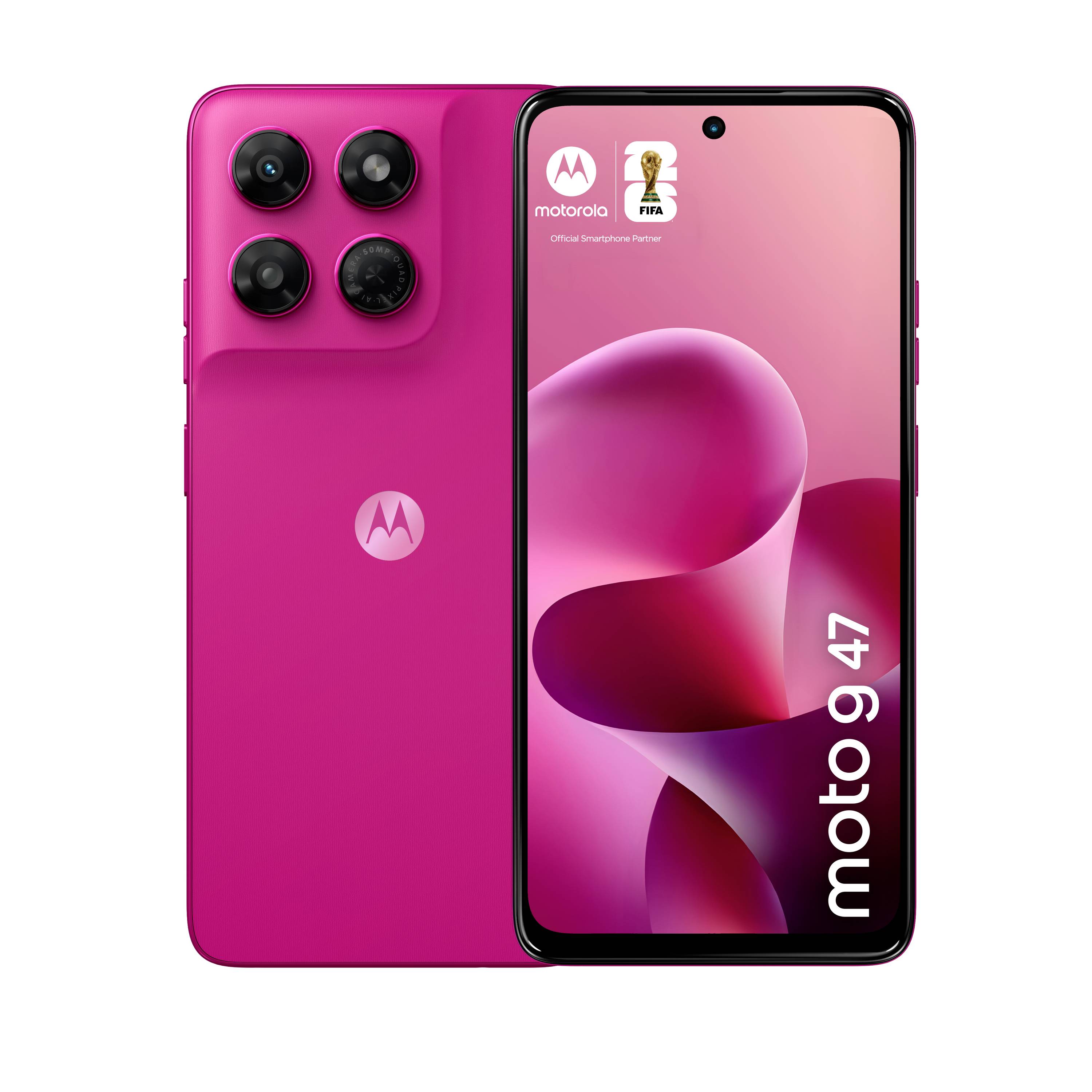 Rosa Motorola-Smartphone von vorne mit rosa abstraktem Hintergrundbild, 