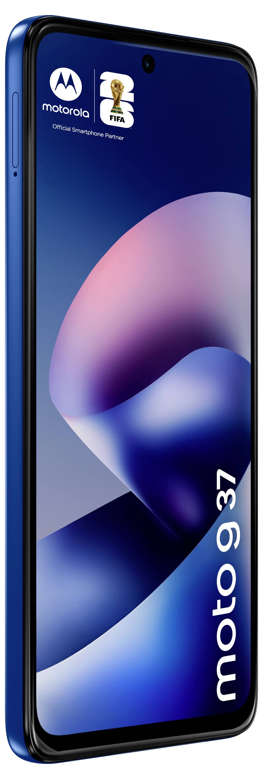 Motorola-Smartphone in Schrägansicht mit blauem Rahmen und abstraktem blau-rosa Hintergrundbild; 
