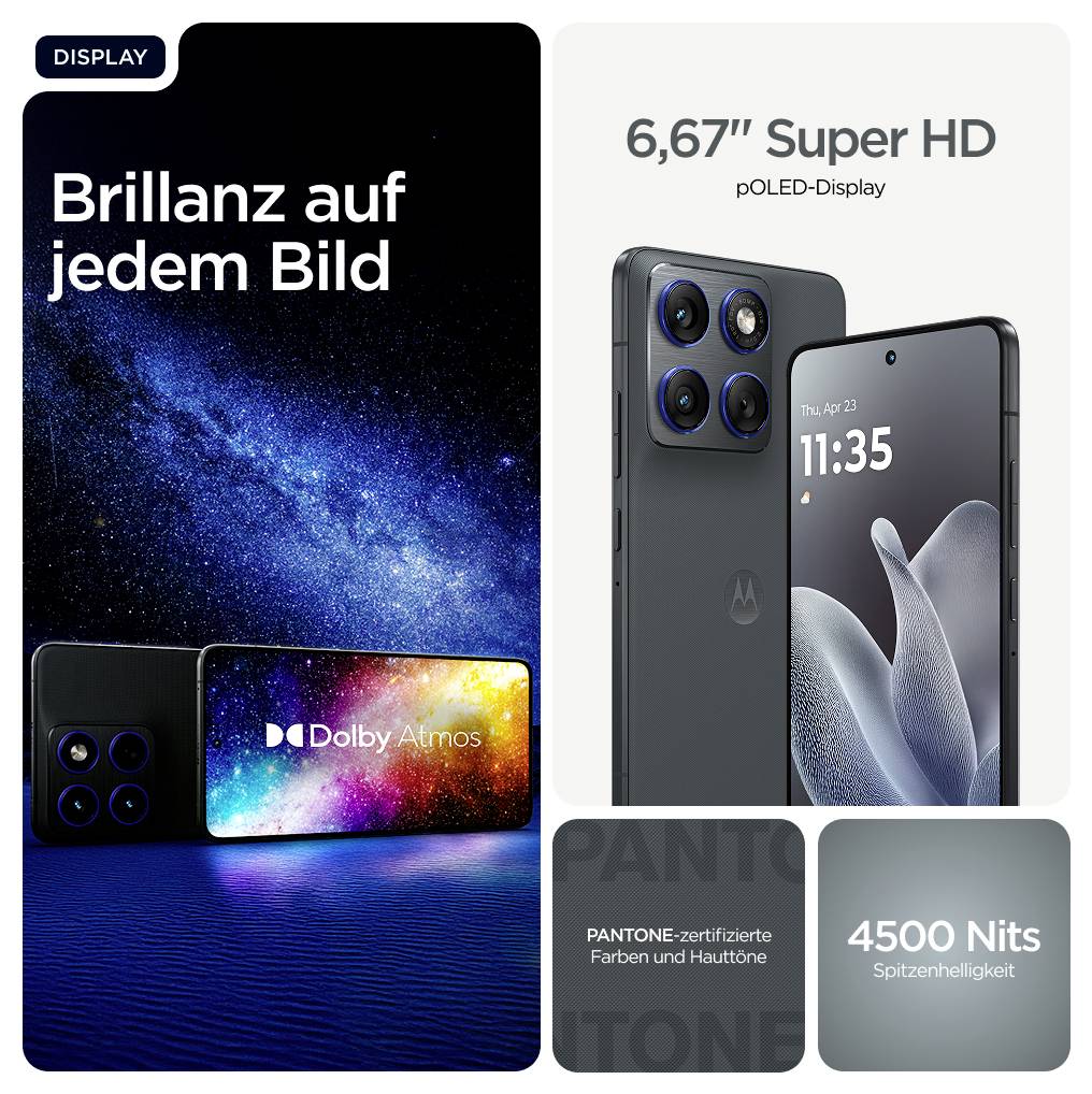 Motorola-Smartphone-Anzeige mit Hervorhebung eines 6,67-Zoll-Super-HD-pOLED-Displays, 4500 Nits Helligkeit, Pantone-zertifizierten Farben und Dolby Atmos.