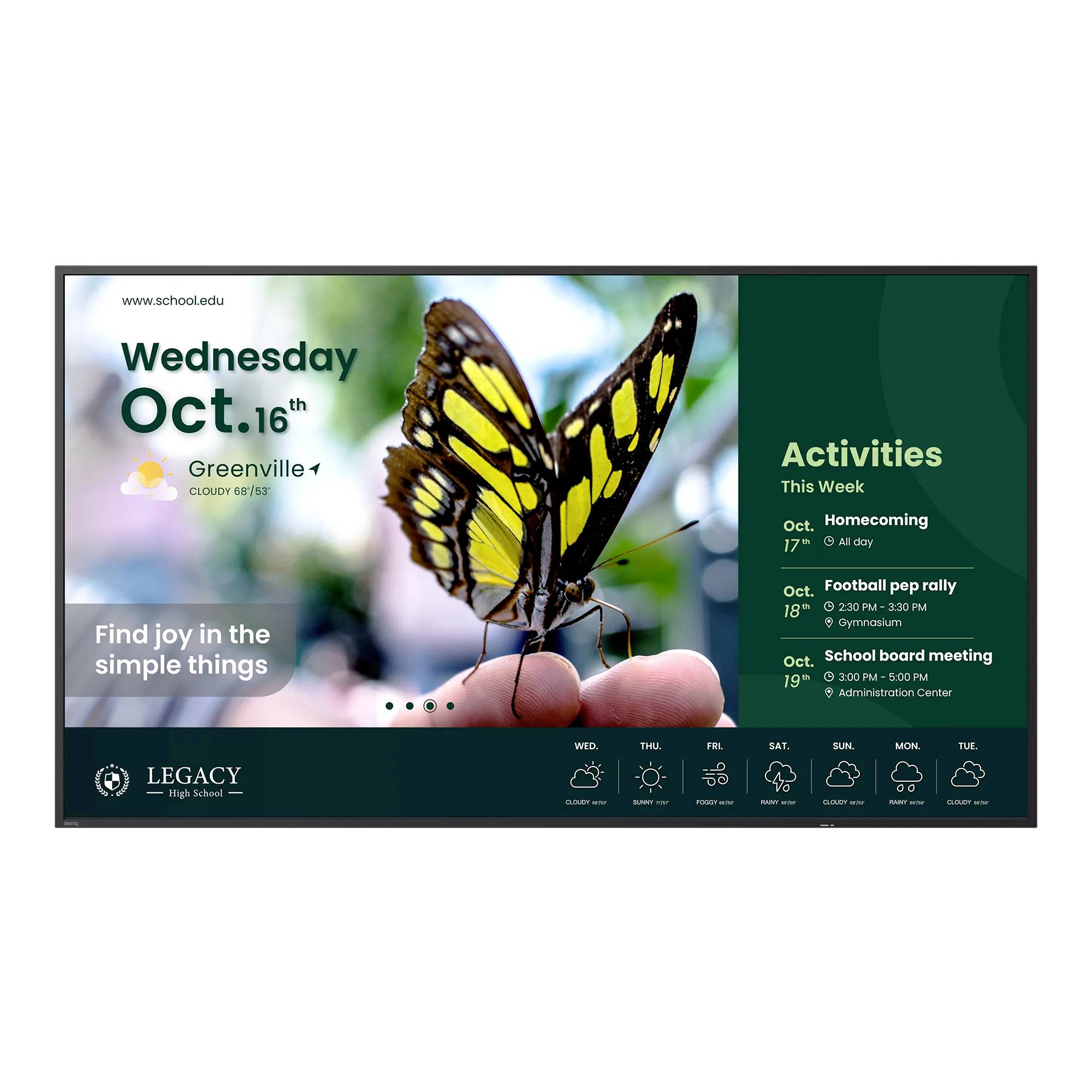 Digitale Anzeige im Stil einer Schulbehörde mit einer Nahaufnahme eines Schmetterlings, Mittwoch 16. Oktober in Greenville, und wöchentliche Aktivitäten einschließlich Homecoming, Football-Pep-Rally und Schulratssitzung.