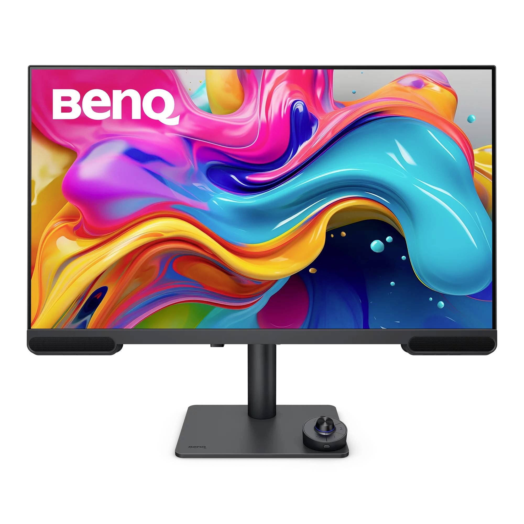 BenQ-Monitor mit farbenfrohem abstraktem Display, auf einem Ständer mit Einstellrad an der Basis montiert.