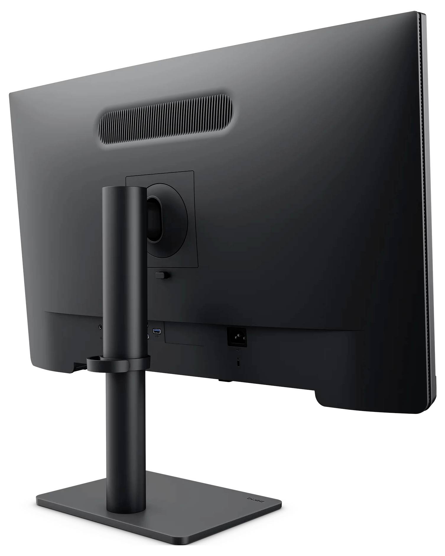 Rückansicht eines schwarzen Desktop-Monitors auf einem Ständer, der die verstellbare Halterung, Lüftungsöffnungen und Eingangsanschlüsse zeigt.