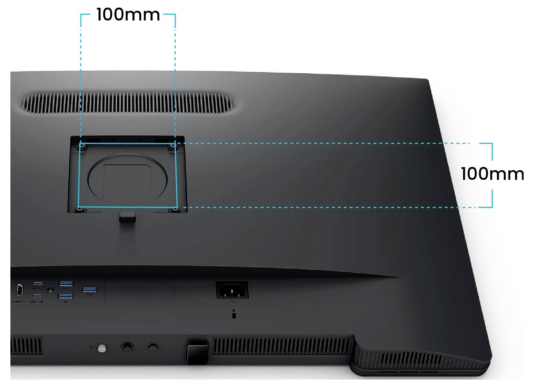 Rückansicht eines schwarzen Monitors mit einem zentriert angebrachten 100 mm x 100 mm VESA-Montagebereich, der mit gestrichelten Messlinen gekennzeichnet ist.