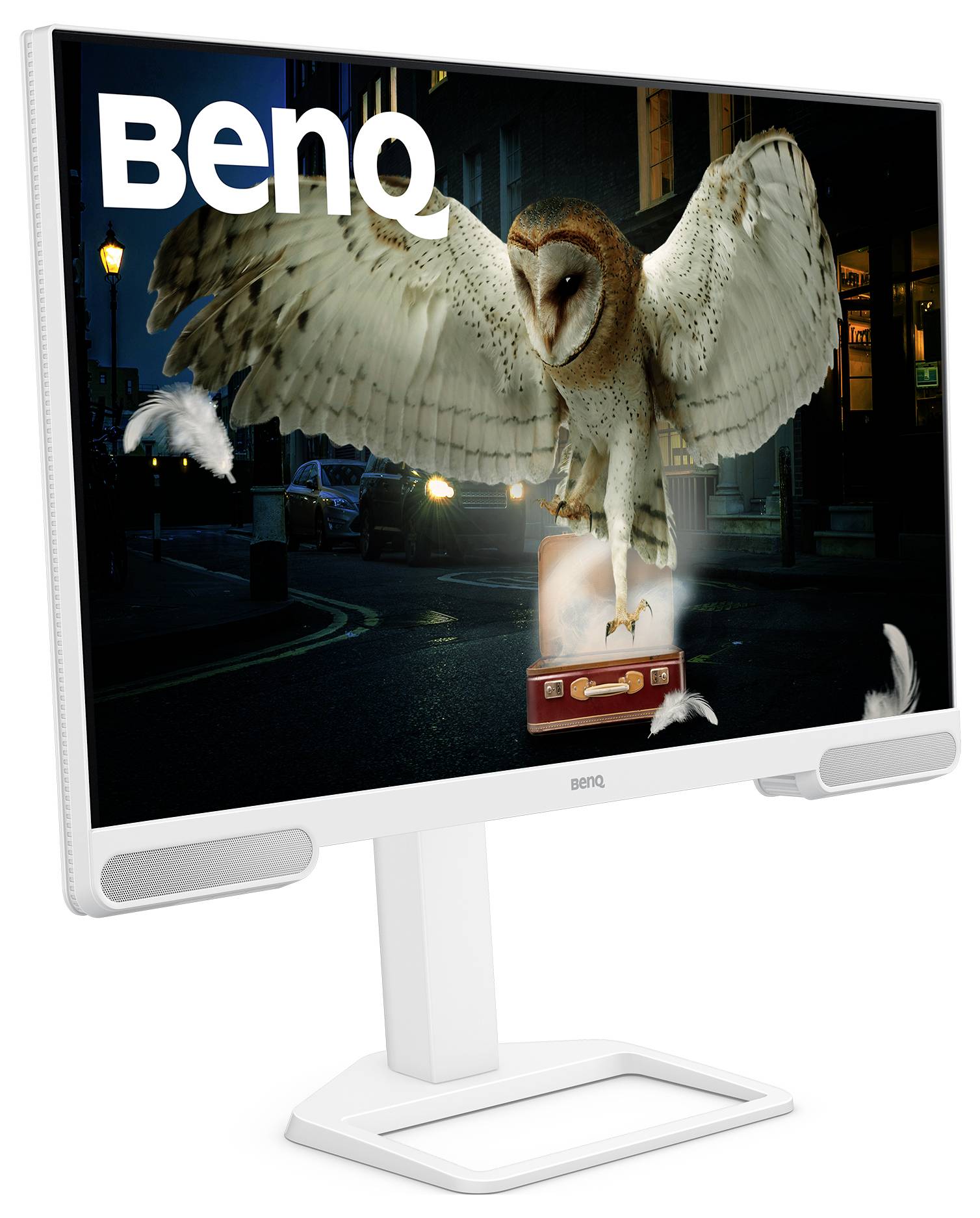 BenQ weißer Monitor, der eine fliegende Eule über einer dunklen Stadtstraße zeigt, präsentiert als Anzeige für lebendige Anzeigebilder.