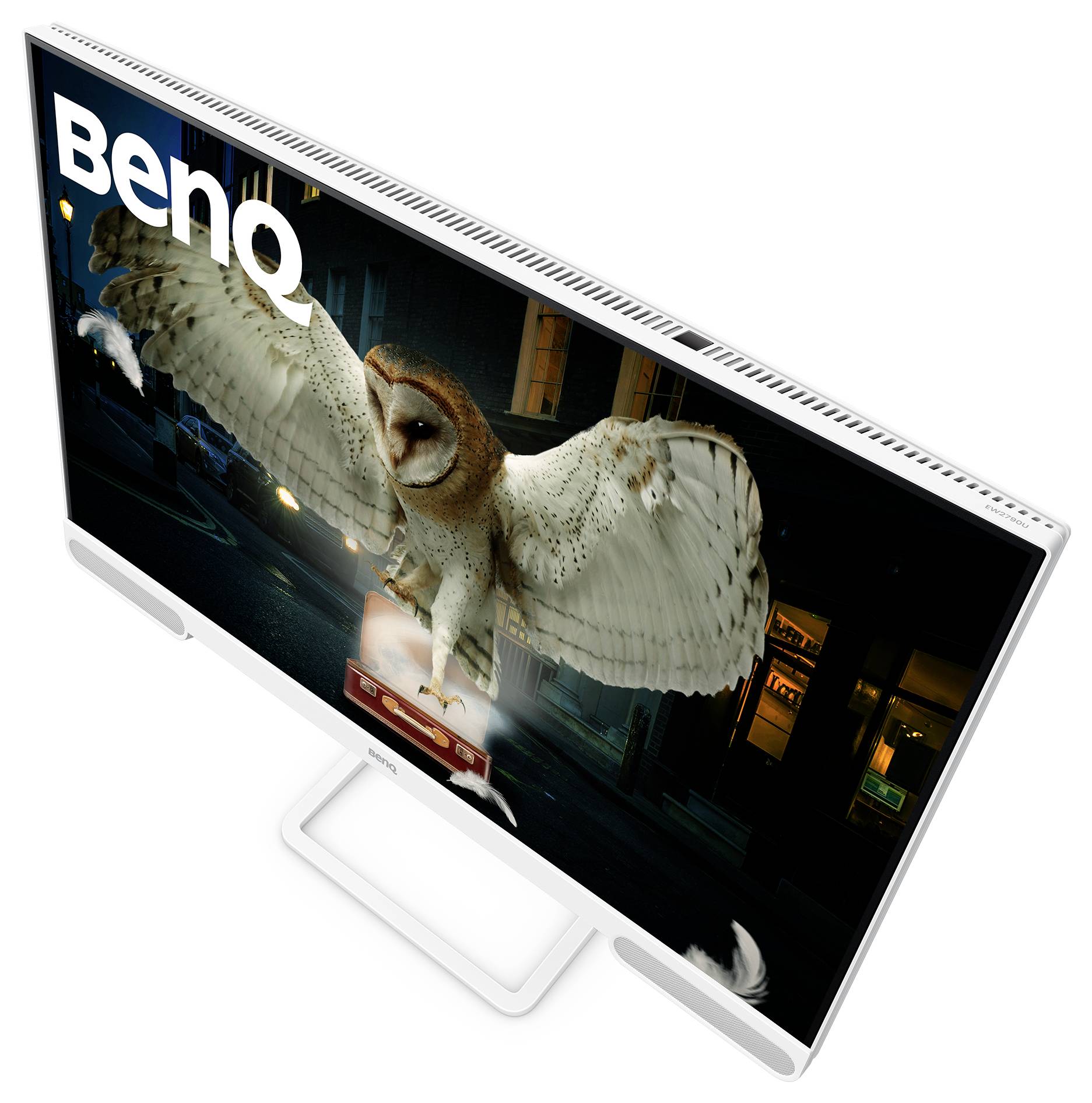 Weißer BenQ-Monitor auf Ständer zeigt eine fliegende Eule in einer dunklen Szene.
