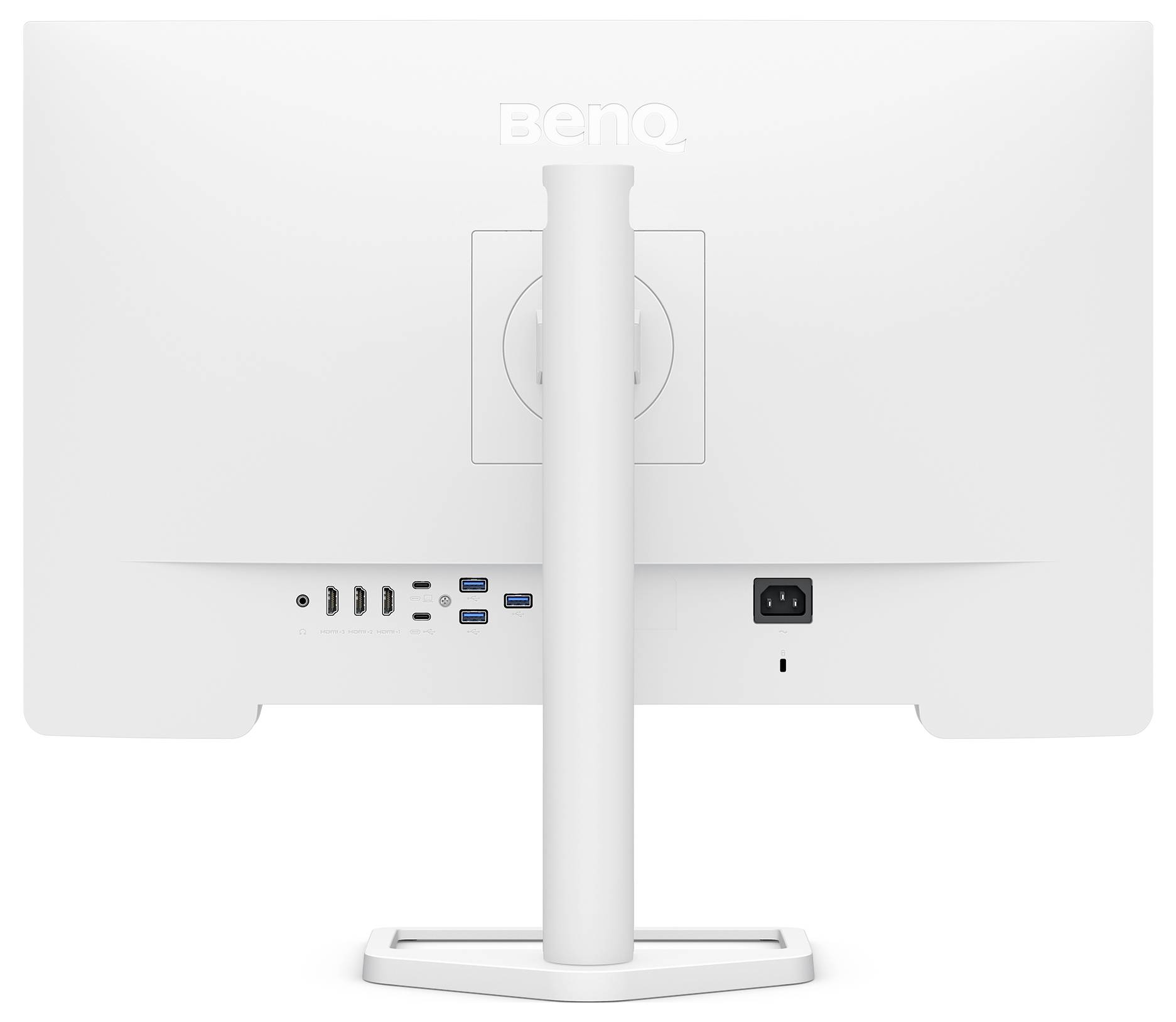 Rückansicht eines weißen BenQ-Monitors auf einem Ständer, die die hinteren Anschlüsse und die Stromeingangsbuche zeigt.