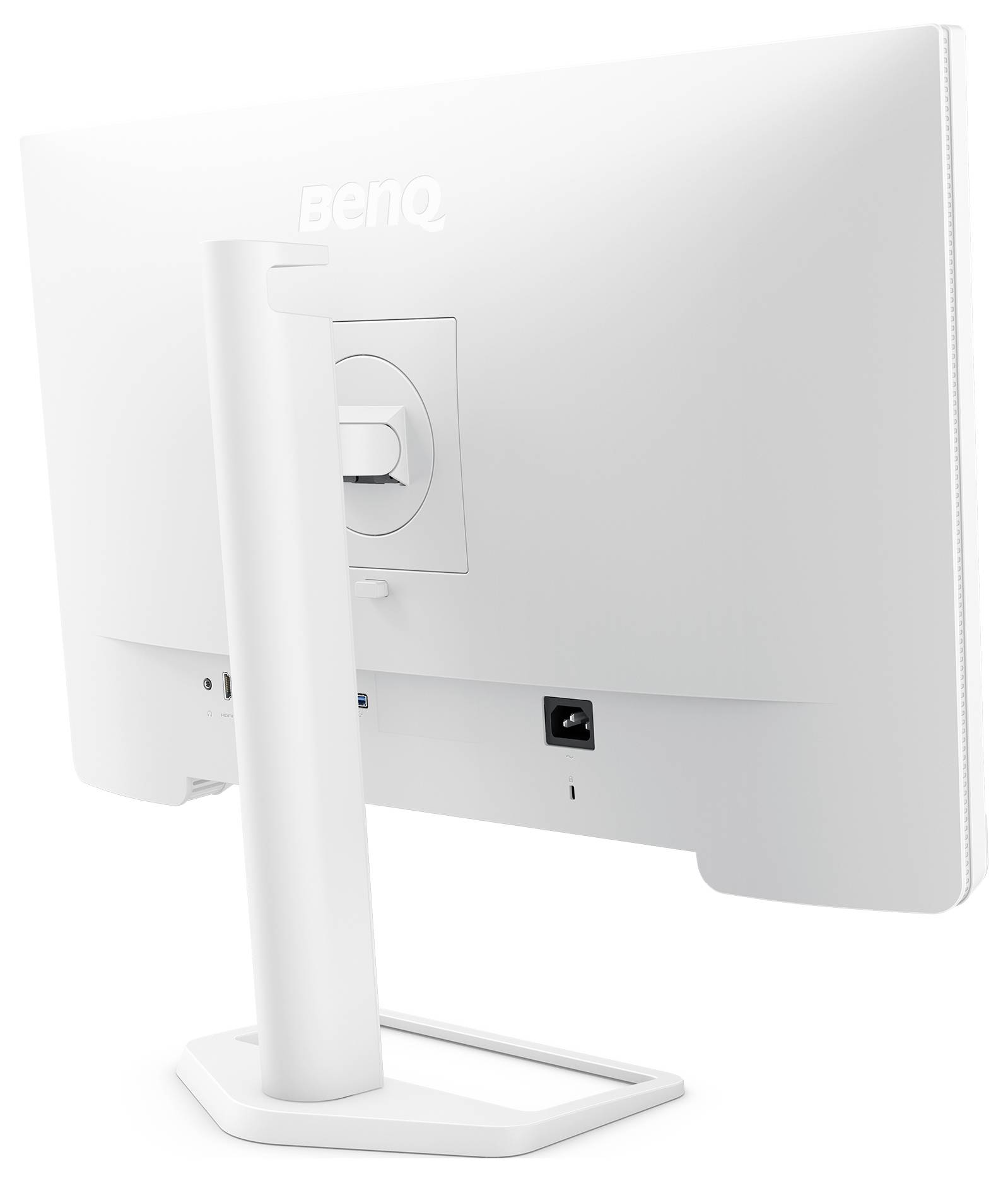 Rückansicht eines weißen BenQ-Monitors auf einem Ständer, die das Rückpanel, das Verstellscharnier, die Anschlüsse und die Strombuchse zeigt.