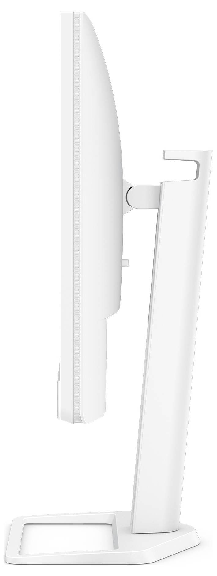 Seitenansicht eines weißen Desktop-Monitors auf einem verstellbaren Ständer mit rechteckiger Basis.