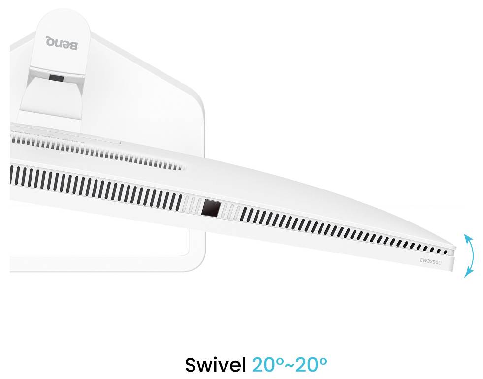 Abbildung eines Monitorständers und eines Bildschirms, der von Seite zu Seite schwenkt, mit der Bezeichnung „Schwenk 20°~20°