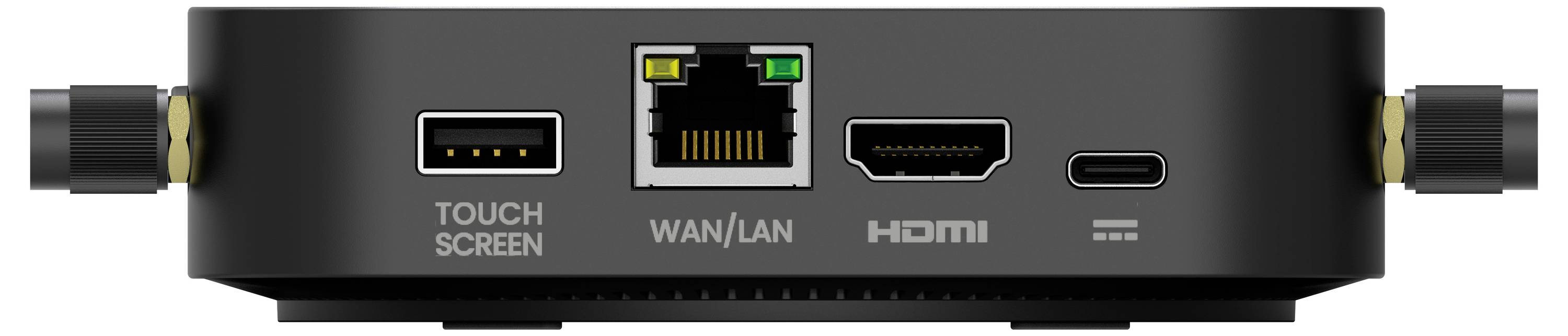 Nahaufnahme einer Rückseite eines Media-Box-Bedienfelds mit beschrifteten Anschlüssen: Touchscreen, WAN/LAN, HDMI und USB-C, sowie Steckerverbindungen auf beiden Seiten.