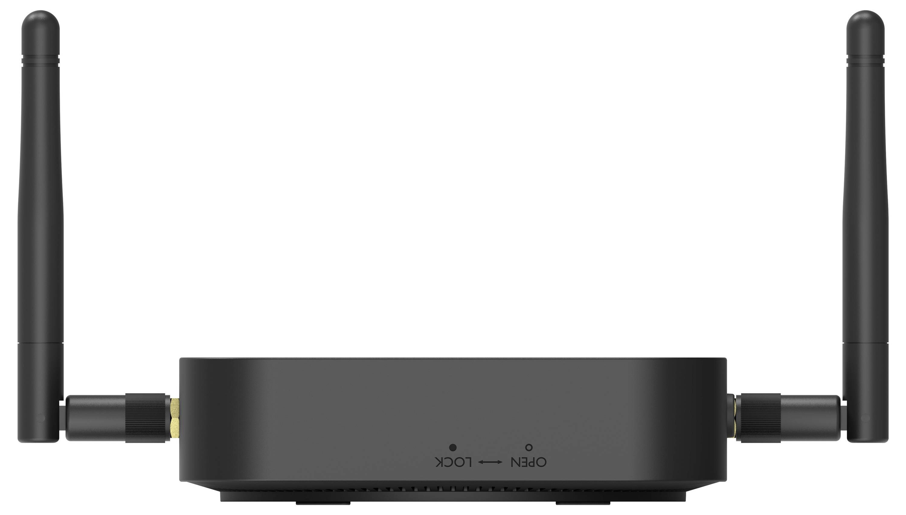Schwarzer Wi-Fi-Router mit zwei aufrechten Antennen, Vorderansicht auf weißem Hintergrund.