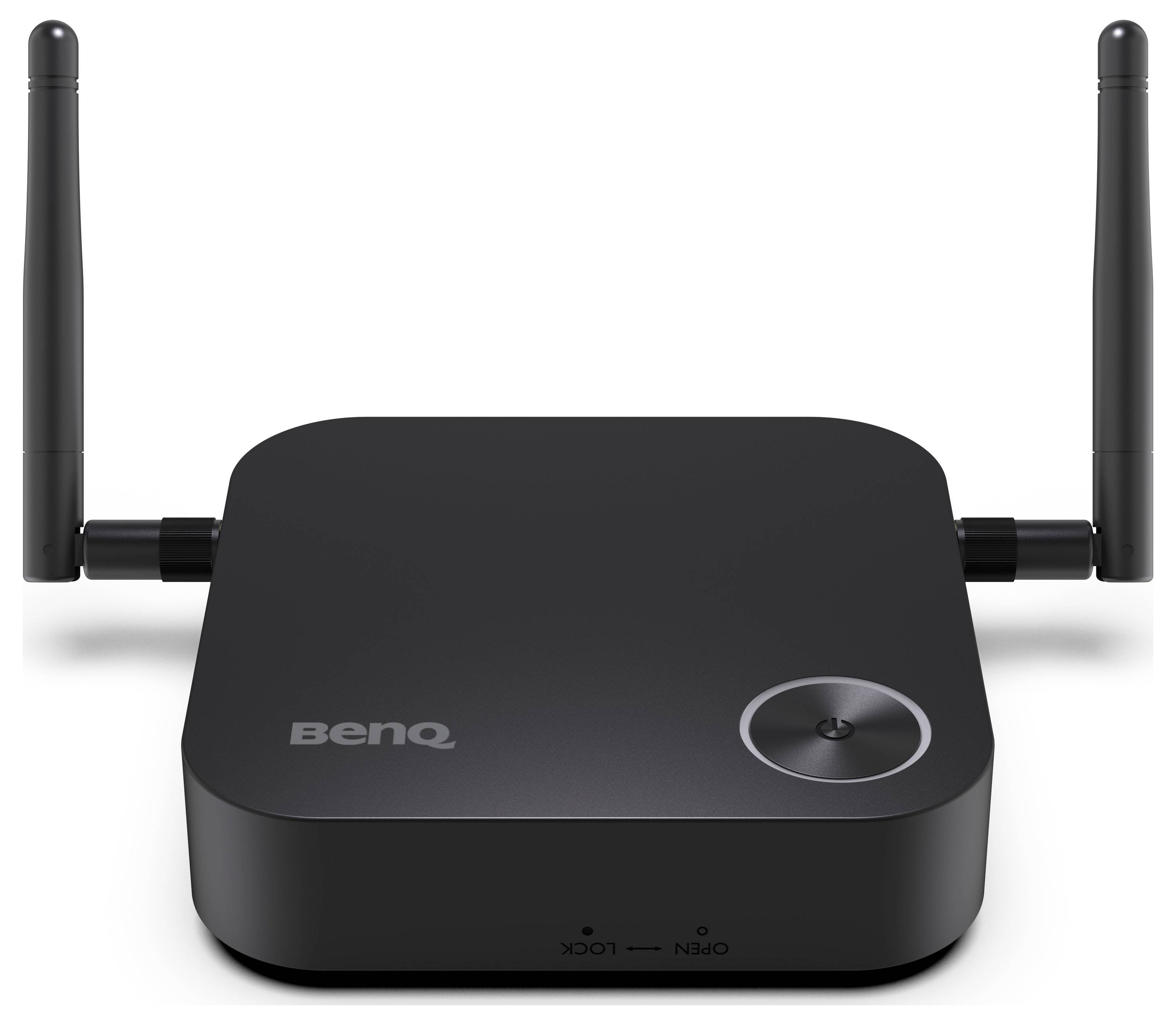 Schwarzes BenQ-Wireless-Gerät mit zwei aufrechten Antennen und einem runden Netzschalter auf der Vorderseite.