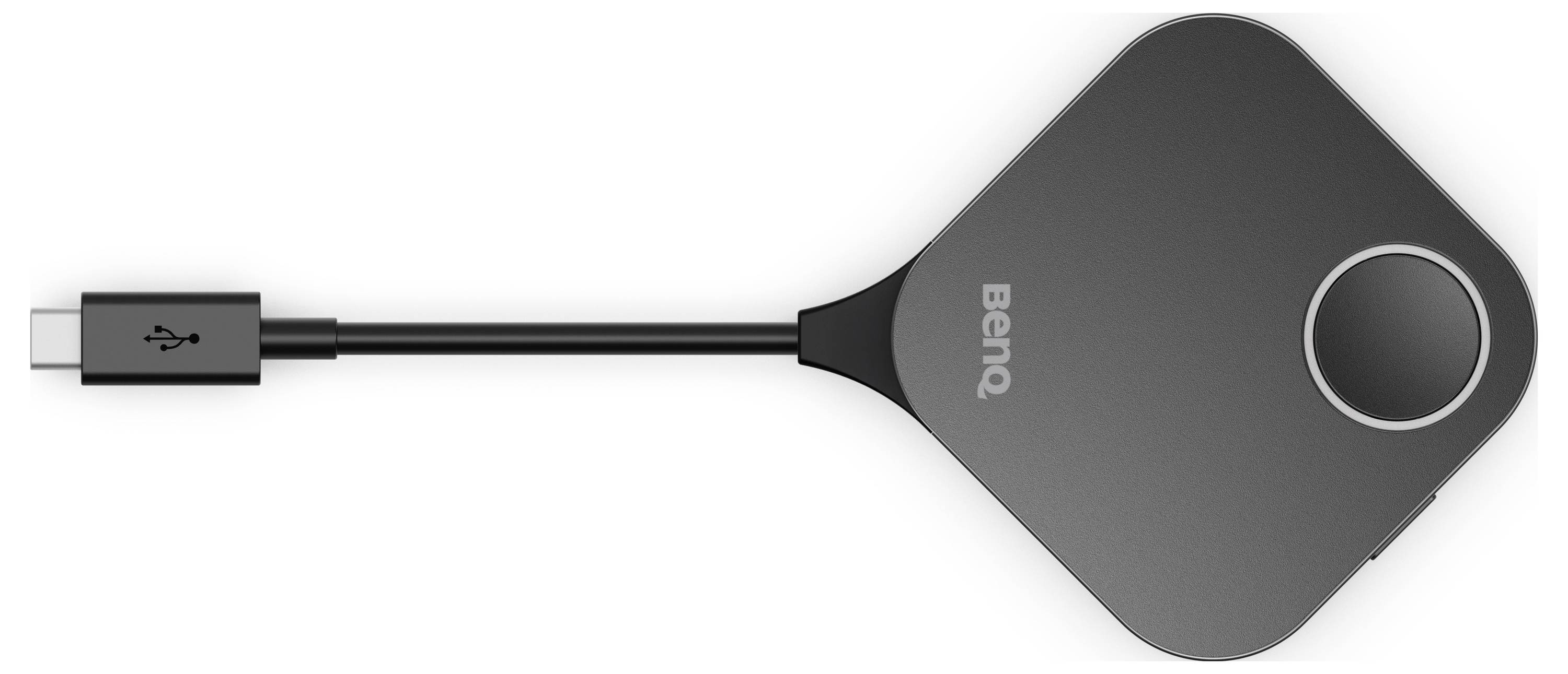 BenQ USB-C Adapter-Hub mit angeschlossenem Kabel und rundem Knopf oder Anschlussanzeige auf einem grauen quadratischen Gerät