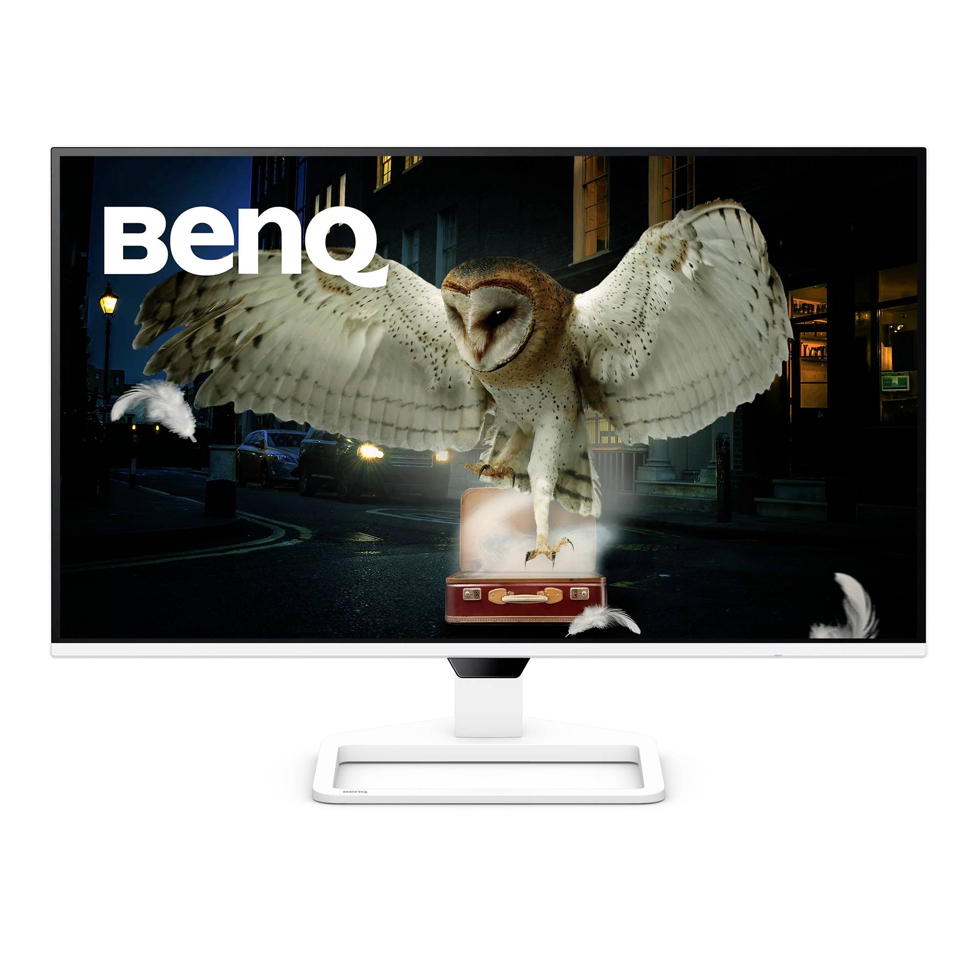 BenQ-Monitor, der eine Eule mit ausgebreiteten Flügeln über einer dunklen Stadtstraßenszene anzeigt, mit dem BenQ-Logo in der oberen linken Ecke.