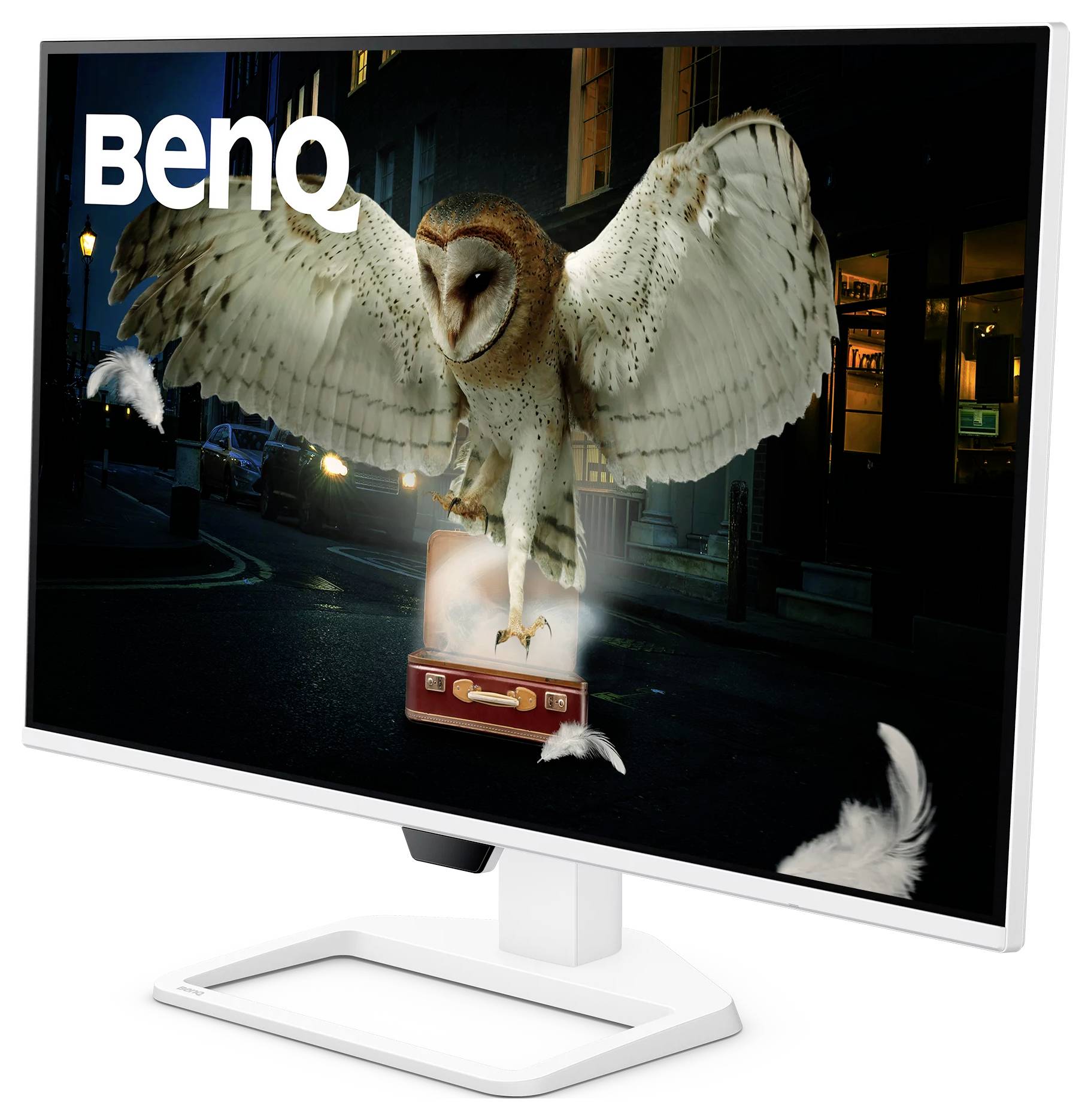 BenQ-Monitor zeigt eine Scheune Eule mit ausgebreiteten Flügeln über einer Stadtstraße bei Nacht an, mit dem BenQ-Logo in der oberen linken Ecke.