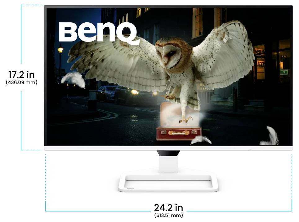 BenQ-Monitor von vorne mit einem Foto einer fliegenden Eule auf dem Bildschirm; Abmessungen mit 17,2 Zoll Höhe und 24,2 Zoll Breite gekennzeichnet.