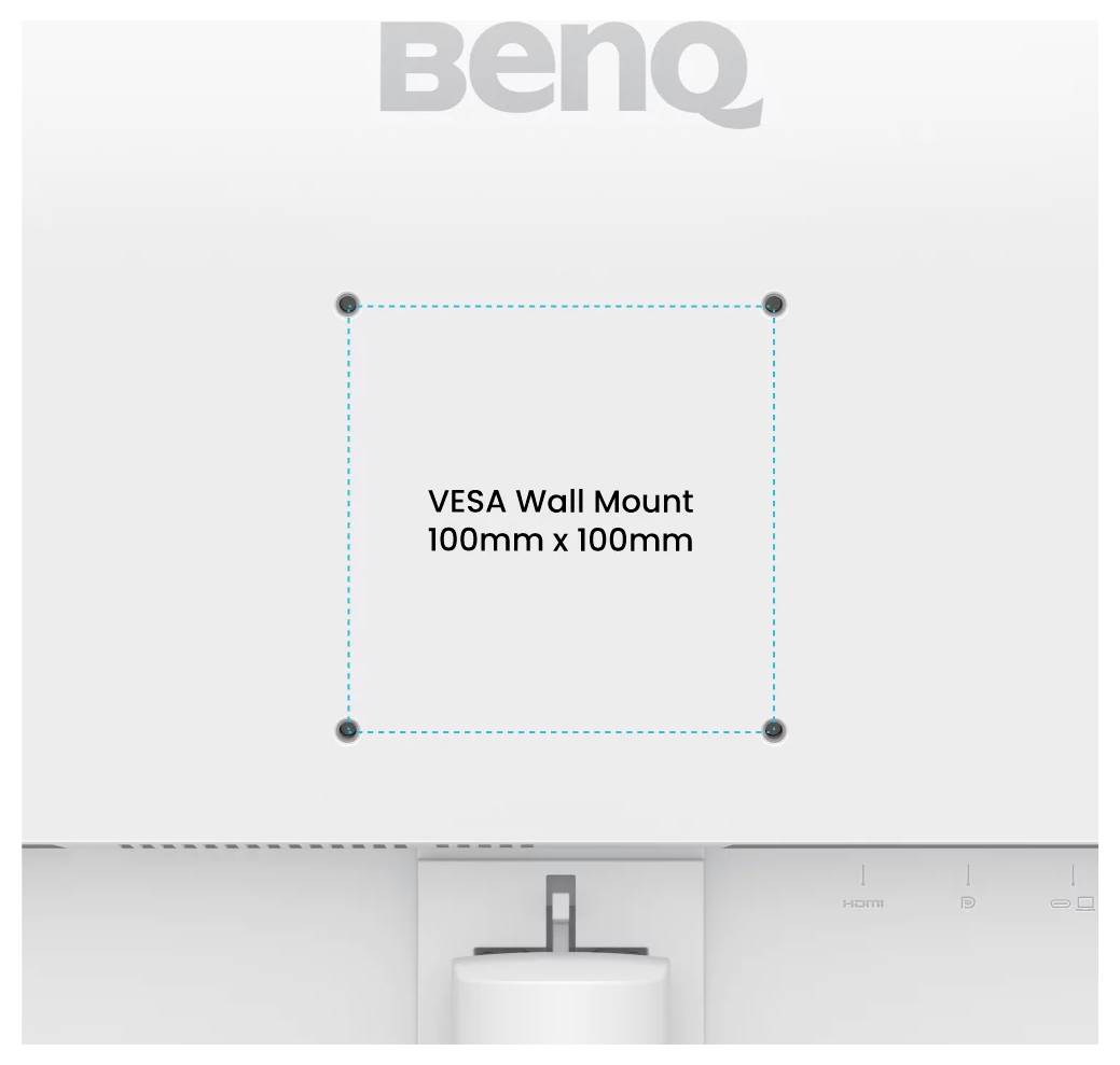 BenQ-Display mit angezeigter VESA-Wandhalterungskompatibilität, 100mm x 100mm Montagemuster mit gepunkteter Markierung hervorgehoben.