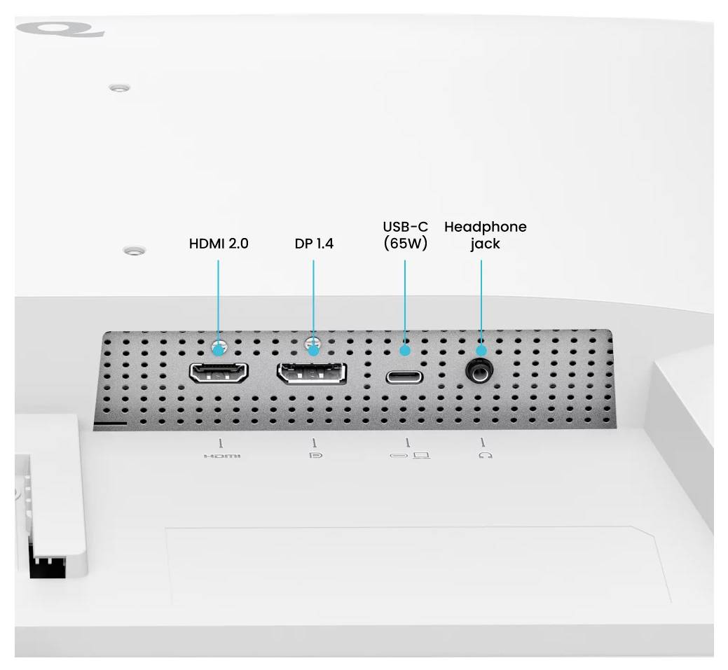 Rückansicht eines Monitors mit beschrifteten Anschlüssen: HDMI 2.0, DP 1.4, USB-C 65W und Kopfhörerbuchse.