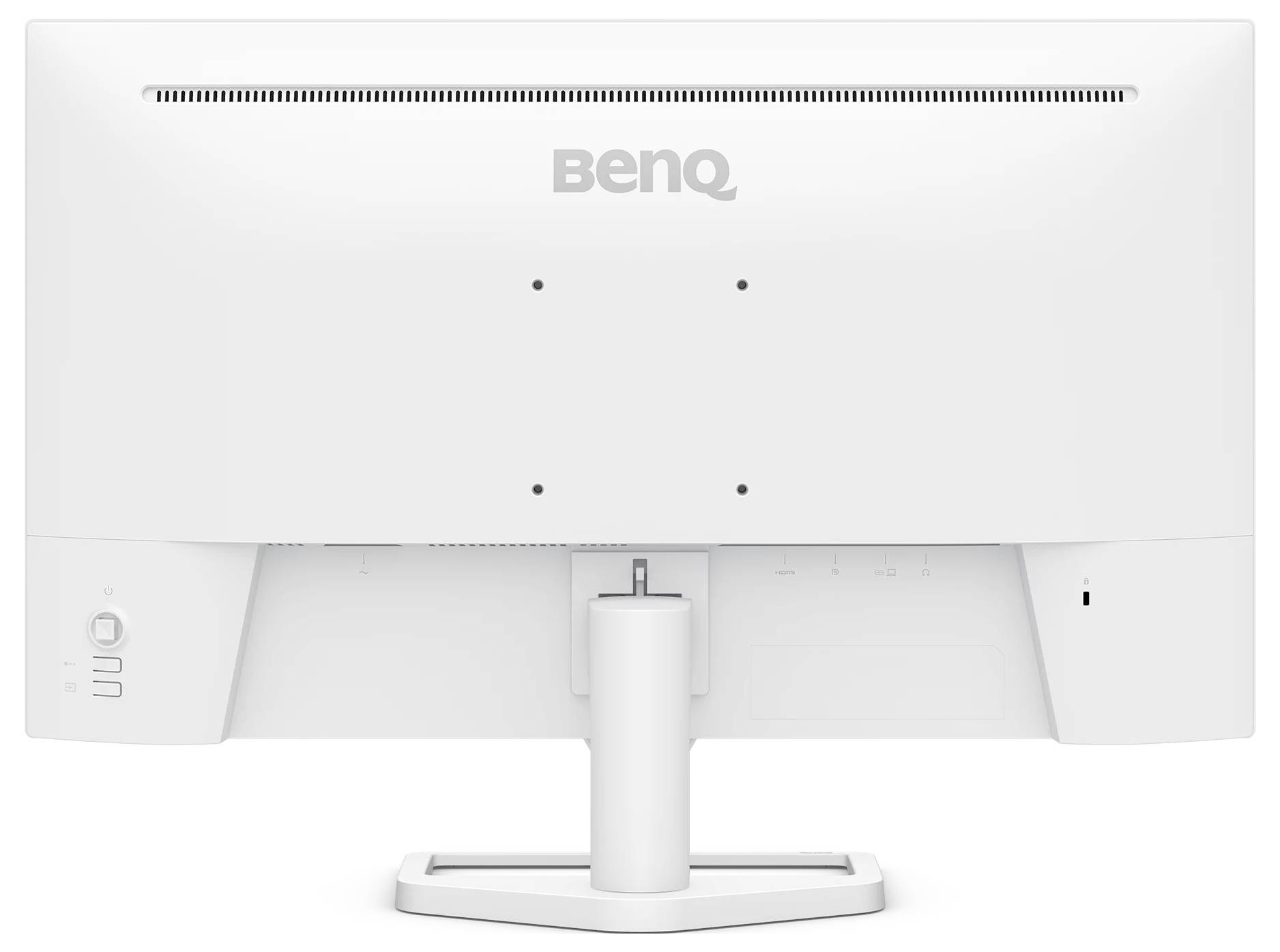 Rückansicht eines silbernen Desktop-Computermonitors auf einem Ständer, die die hinteren Anschlüsse und Kabelverbindungen zeigt.