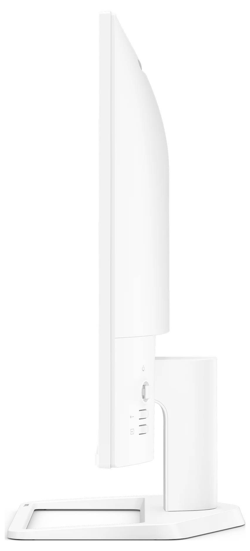 Weißer All-in-One-Desktop-Computer in Seitenansicht auf einem Ständer gezeigt, mit schlankem Monitor, hinterer Gehäuseabdeckung und rechteckiger Basis.