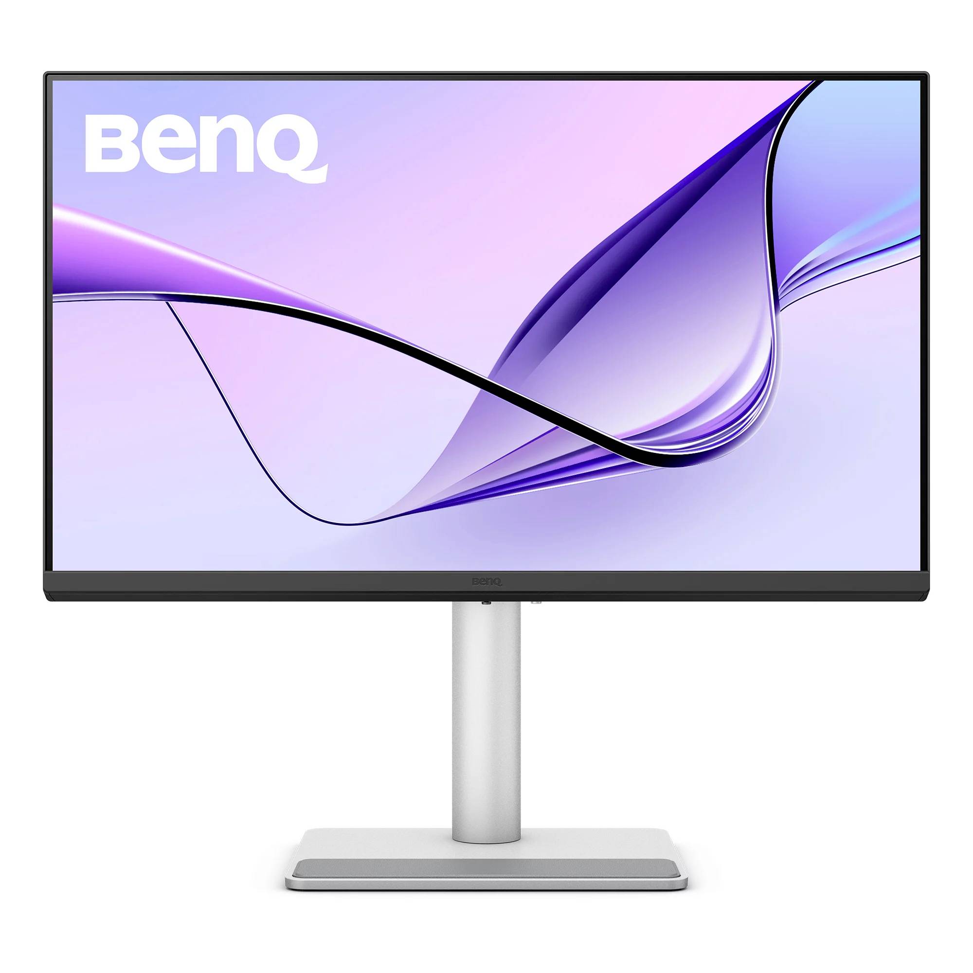 BenQ-Computermonitor auf einem silbernen Ständer, der ein violettes abstraktes Wellen-Hintergrundbild anzeigt.