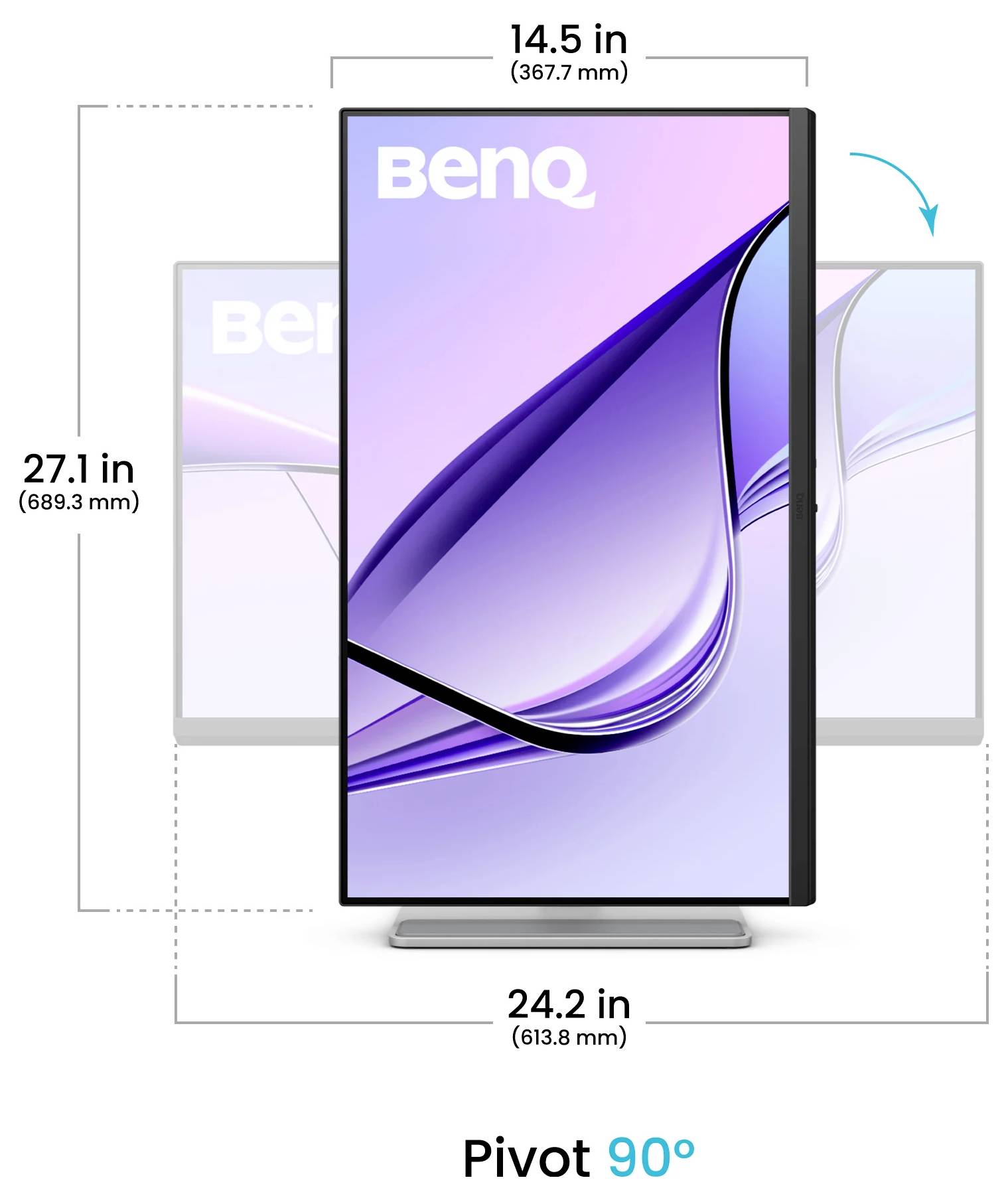 Rückansicht eines BenQ-Desktopmonitors auf einem Ständer, die Rückseite, die Montageplatte und die Kabelanschlüsse zeigend.