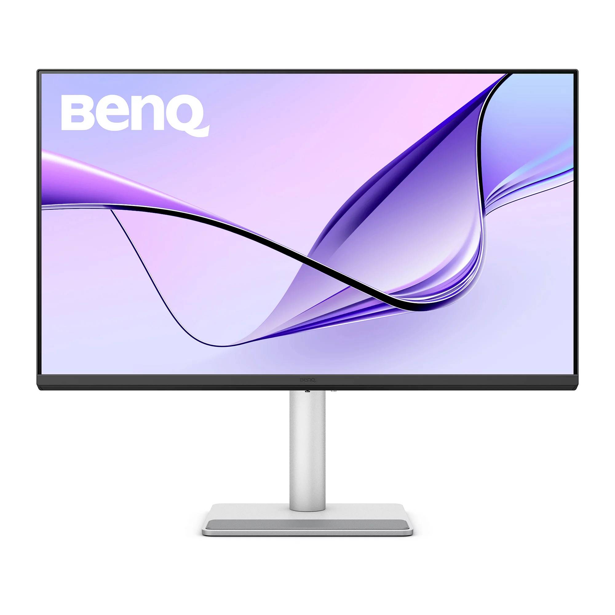 BenQ-Desktopmonitor mit abstraktem violettem Wellenmuster auf dem Display, auf einem Ständer gezeigt, vor weißem Hintergrund.