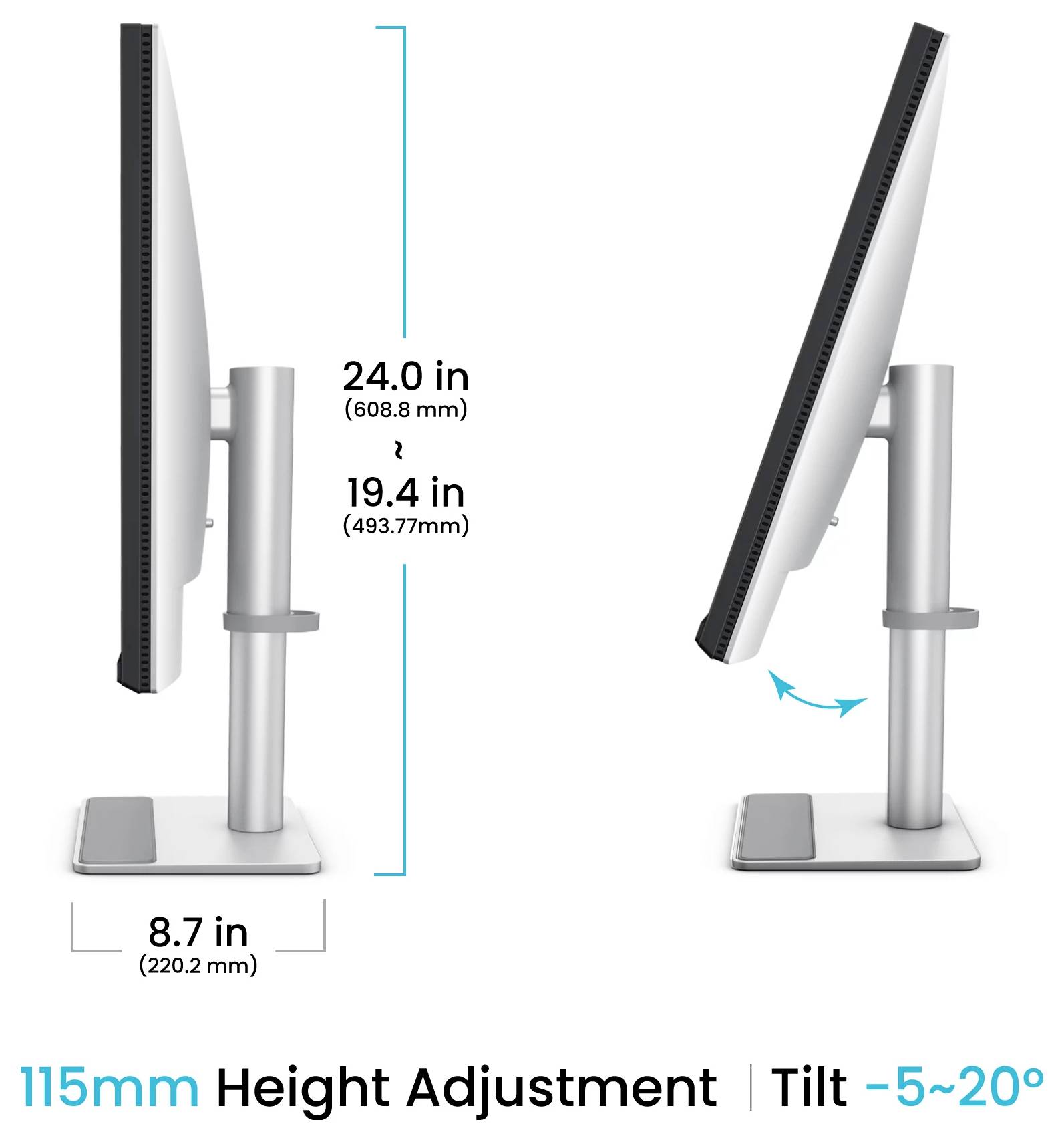 Monitorständer mit Höhenverstellung und Neigungsbereich: 115 mm Höhenverstellung, 24,0 Zoll Gesamthöhe, 19,4 Zoll Bildschirmhöhe, 8,7 Zoll Basisbreite und Neigung von -5° bis 20°.