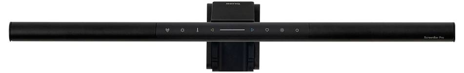 Eine schwarze rechteckige Soundbar mit einem zentral angebrachten Webcam- oder Sensormodul auf der Oberseite.