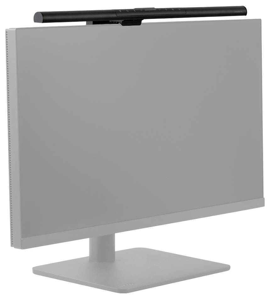 Grauer Computermonitor mit einer oben integrierten Webcam auf einem rechteckigen Ständer, von vorne gegen einen weißen Hintergrund gezeigt.