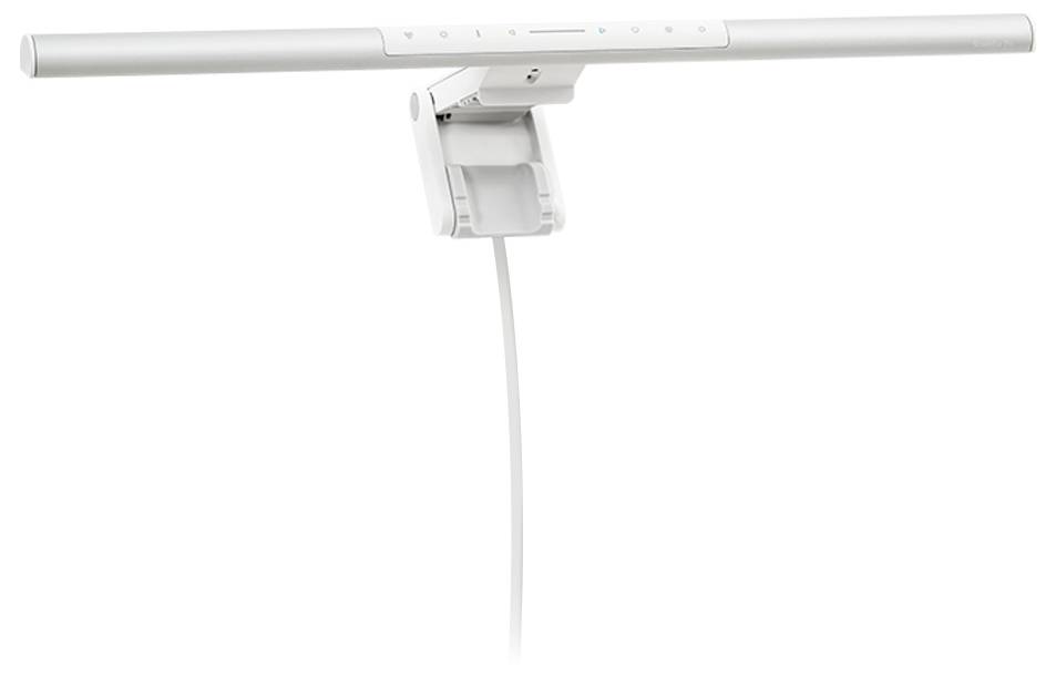 Weiße Lichtleiste, die auf einer zentrierten Klammer montiert ist, mit einem nachfolgenden Stromkabel, isoliert auf weißem Hintergrund.