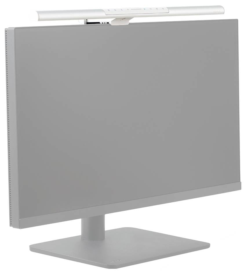Grauer Computermonitor mit integrierter Webcam/Soundbar oben, von hinten auf einem Ständer gezeigt.