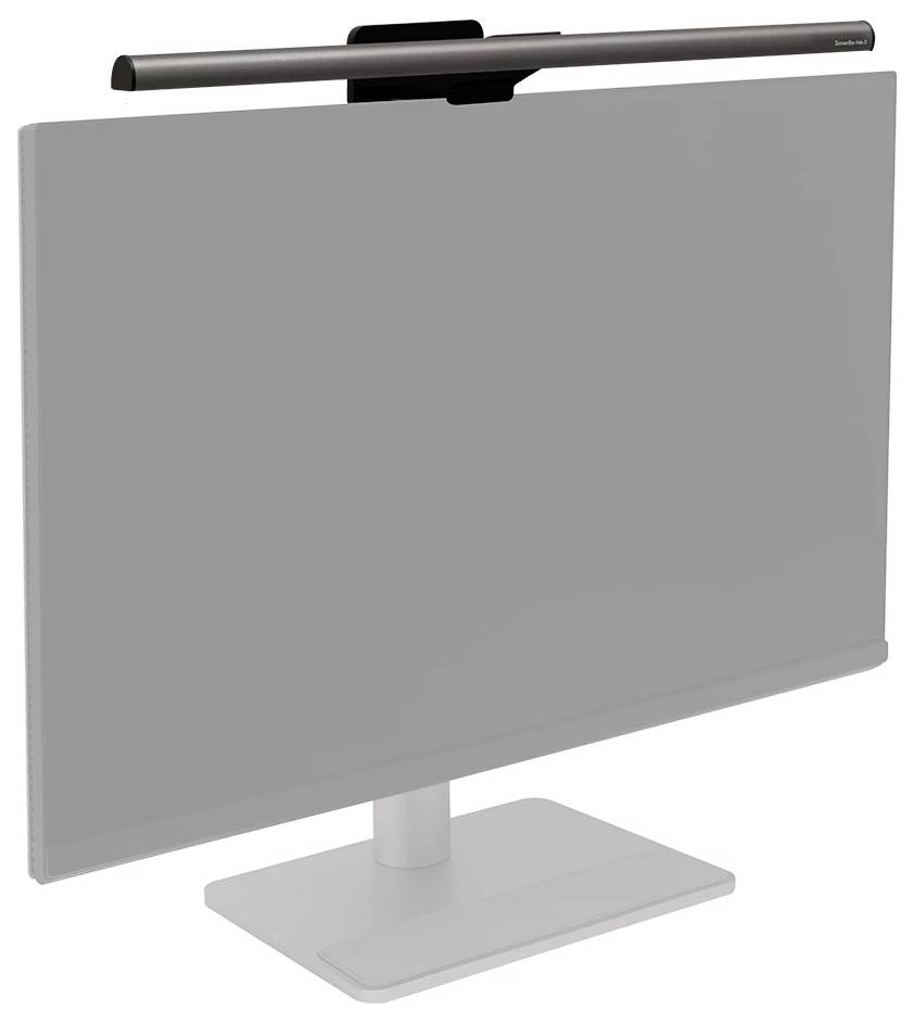 Ein Computermonitor mit einer oben angebrachten Leuchtenleiste und einem leeren grauem Bildschirm auf einem Ständer.