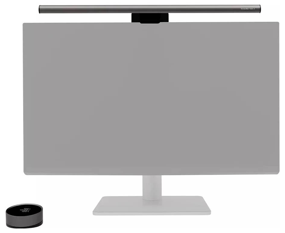 Computermonitor mit einer schlanken Lichtleiste, die oben angebracht ist, und einem kleinen runden Webcam- oder Lautsprecherzubehör daneben auf weißem Hintergrund.
