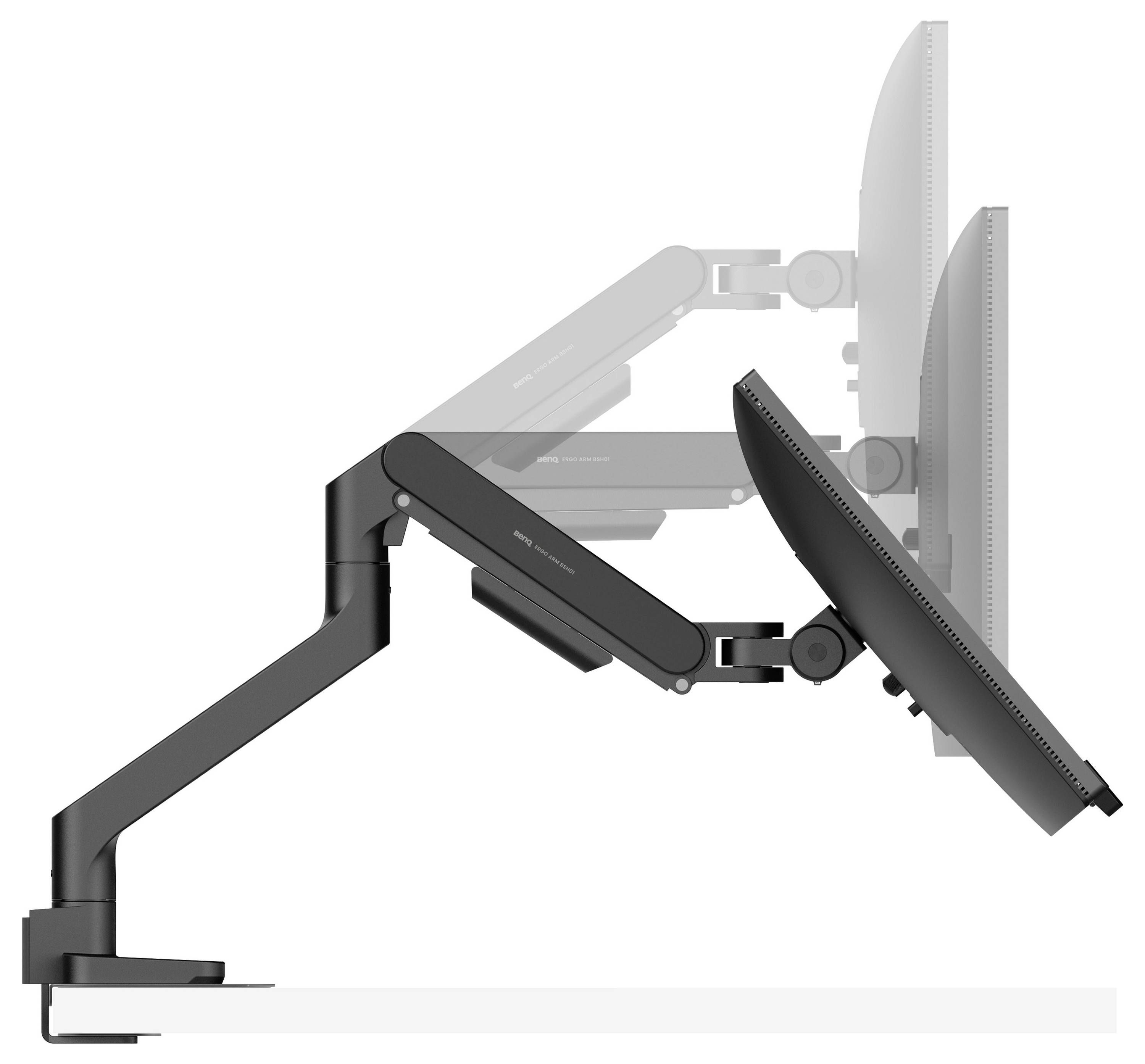Seitenansicht-Diagramm eines verstellbaren Monitorarms, der einen Bildschirm hält und mehrere Schwenkpositionen und erweiterte Reichweite zeigt.