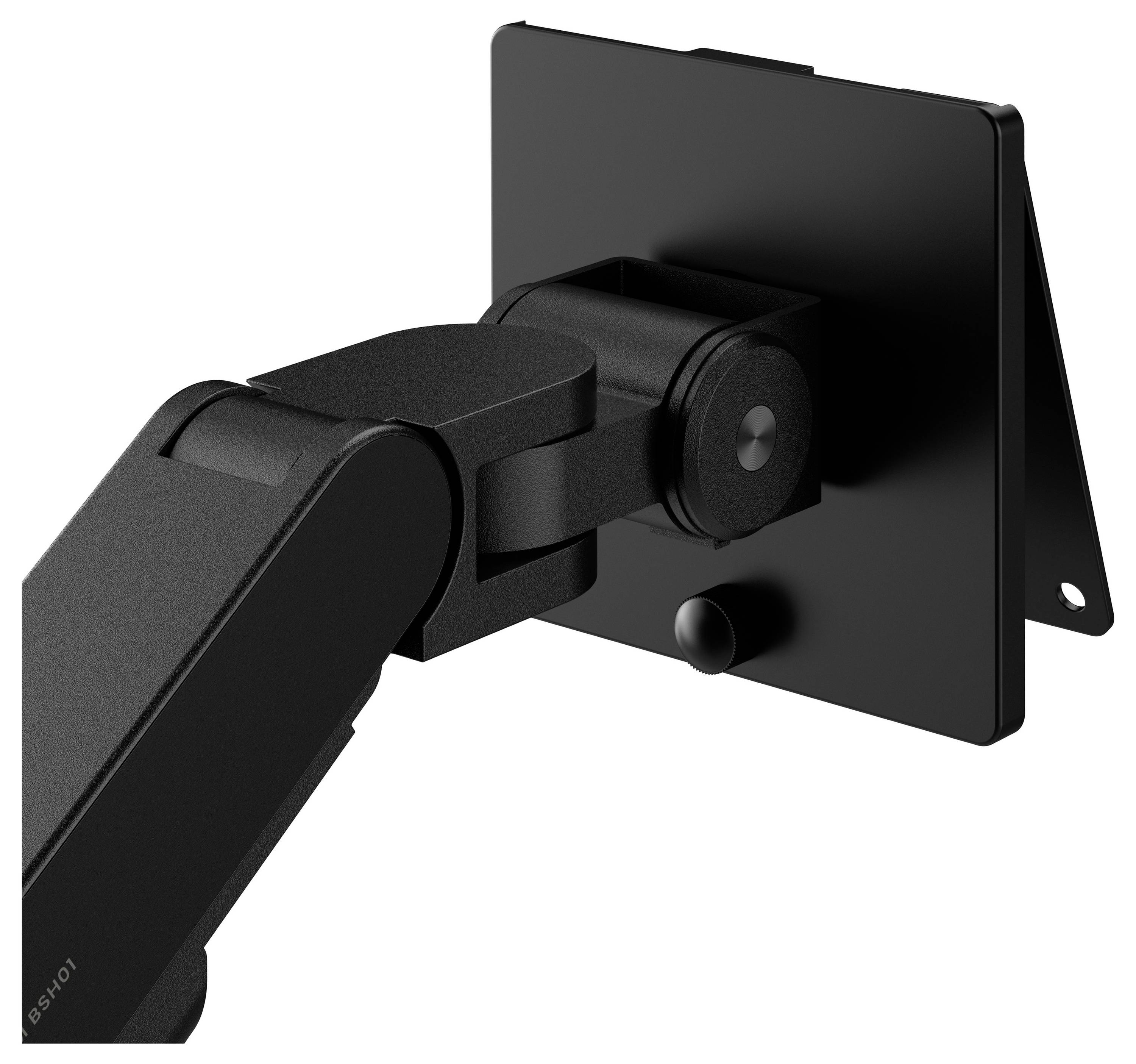 Schwarze verstellbare Wandhalterung mit gelenkigem Arm an einer rechteckigen Rückwand