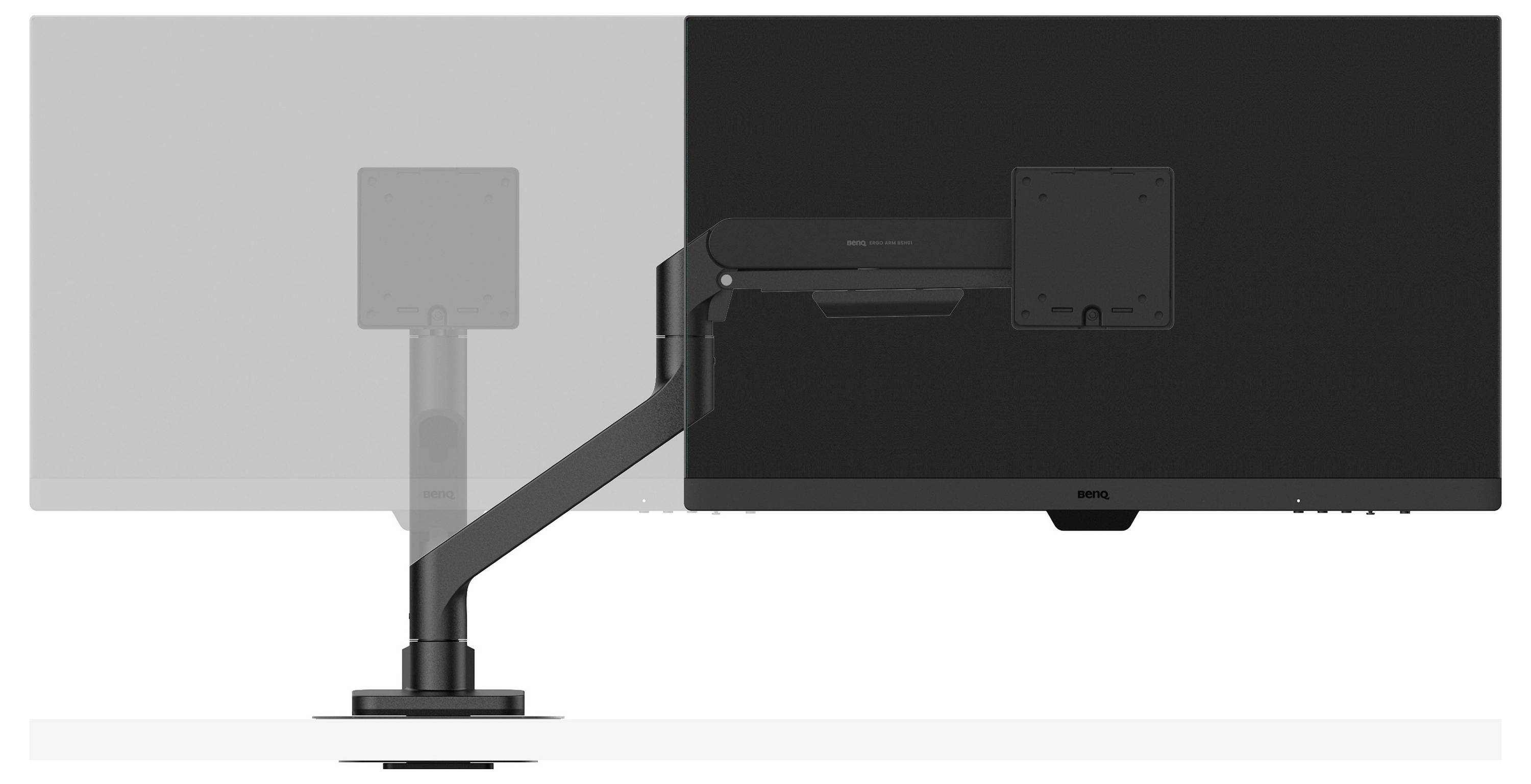 Rückansicht eines schwarzen Monitors auf einem Schreibtischständer, der den verstellbaren Arm und die Kabelführung vor einem hell- und dunkelgeteilten Hintergrund zeigt.