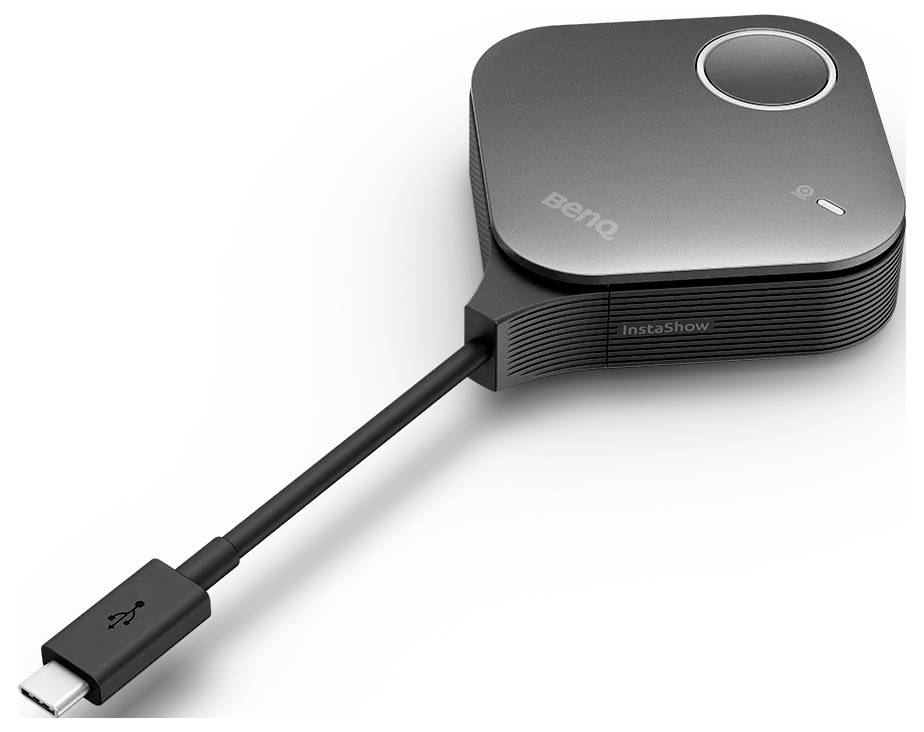 BenQ InstaShow drahtloses Präsentationsgerät mit angeschlossenem USB-C-Anschlusskabel auf weißem Hintergrund