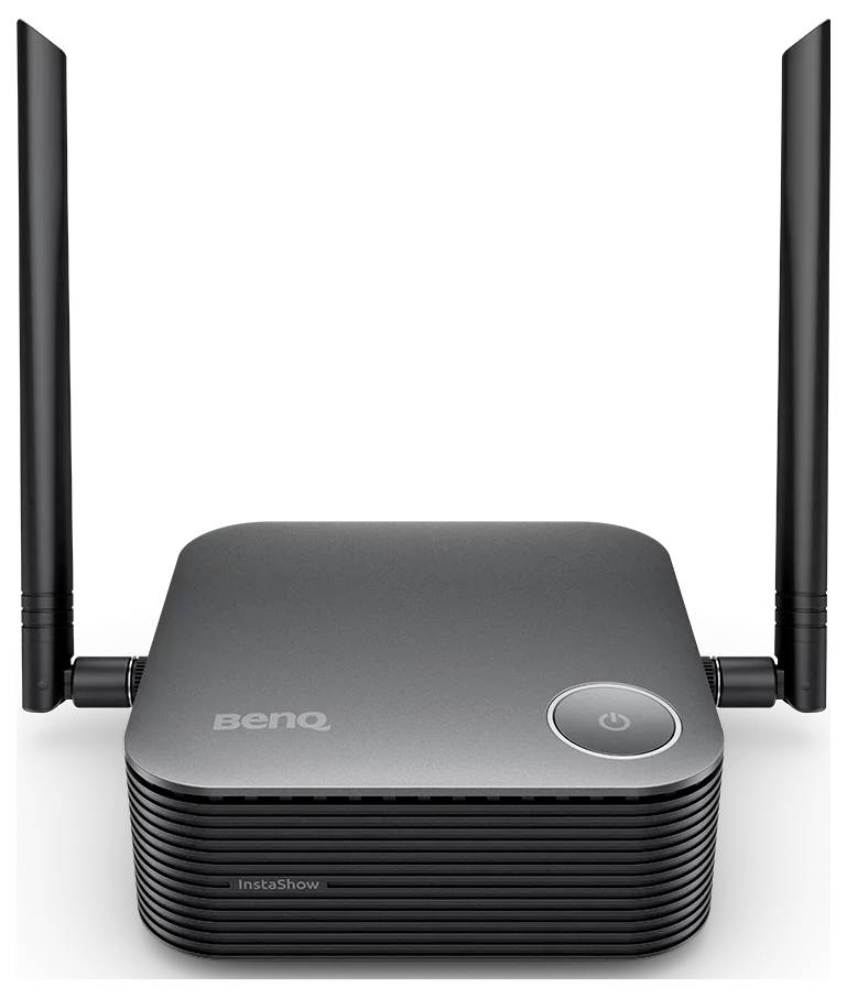 Schwarzes BenQ InstaShow kabelloses Präsentationsgerät mit zwei aufrechten Antennen und einem Netzschalter oben.