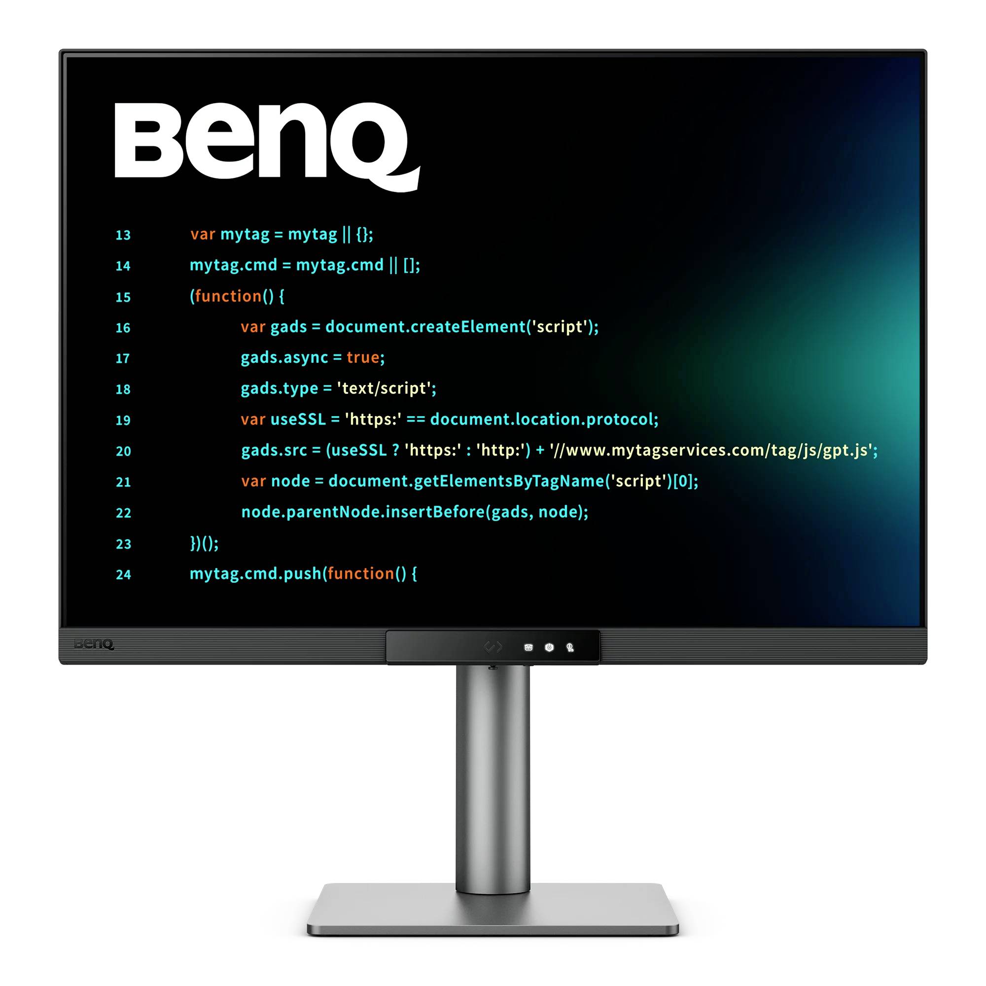 BenQ-Computermonitor, der Code auf schwarzem Bildschirm mit dem BenQ-Logo oben links anzeigt.