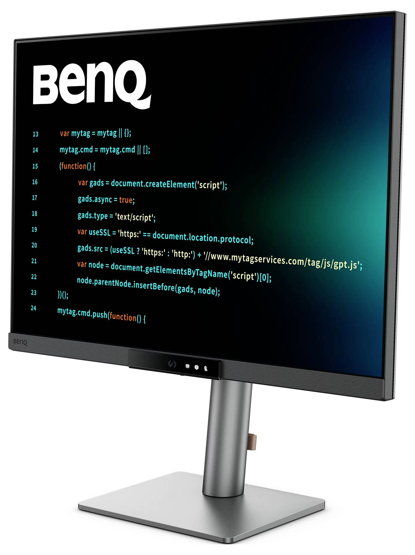 BenQ Flachbildschirm-Monitor mit Code-Anzeige auf dunklem Bildschirm, auf einem Ständer vor weißem Hintergrund dargestellt.