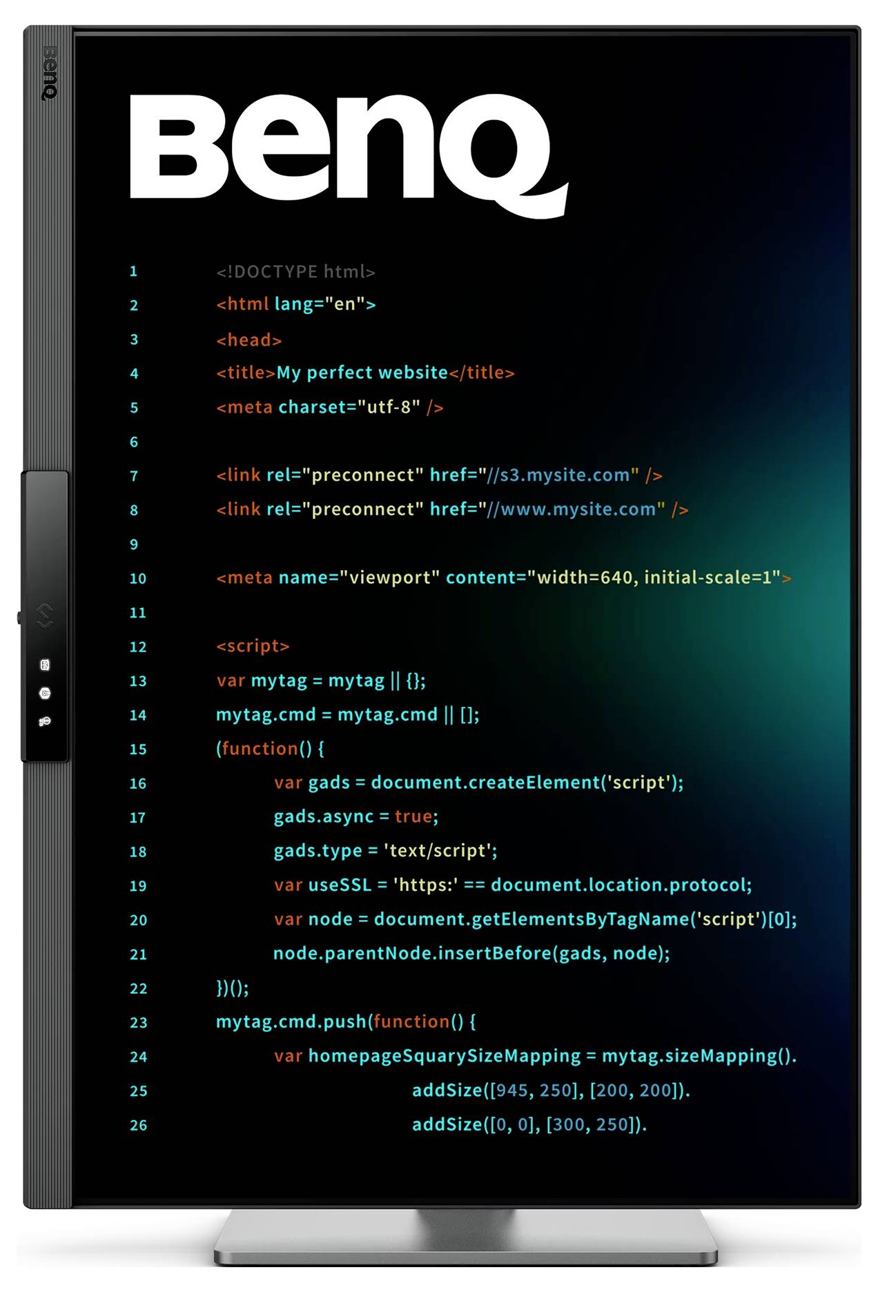 BenQ-Monitor zeigt Beispiel-HTML/CSS-Code auf schwarzem Bildschirm mit großem BenQ-Logo oben an.