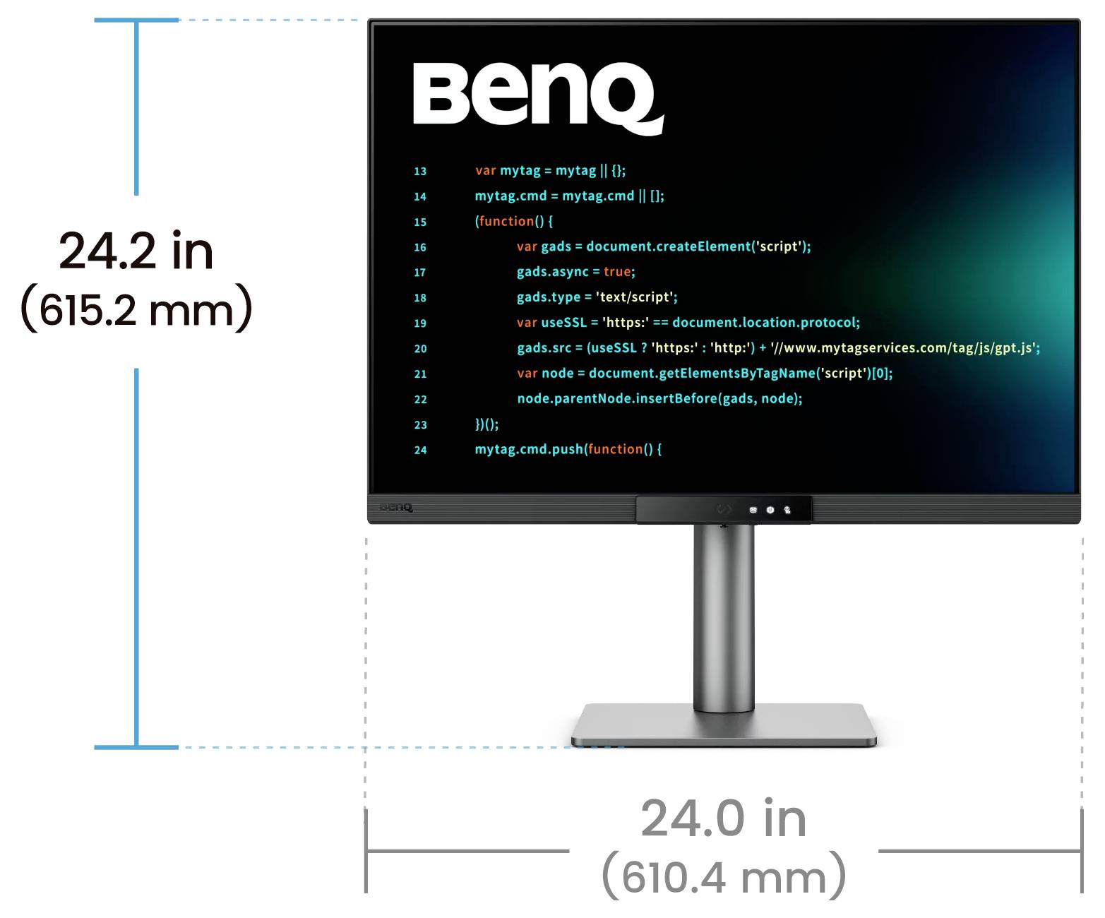 BenQ-Monitor in Vorderansicht mit Abmessungen: 24,2 Zoll Höhe und 24,0 Zoll Breite.